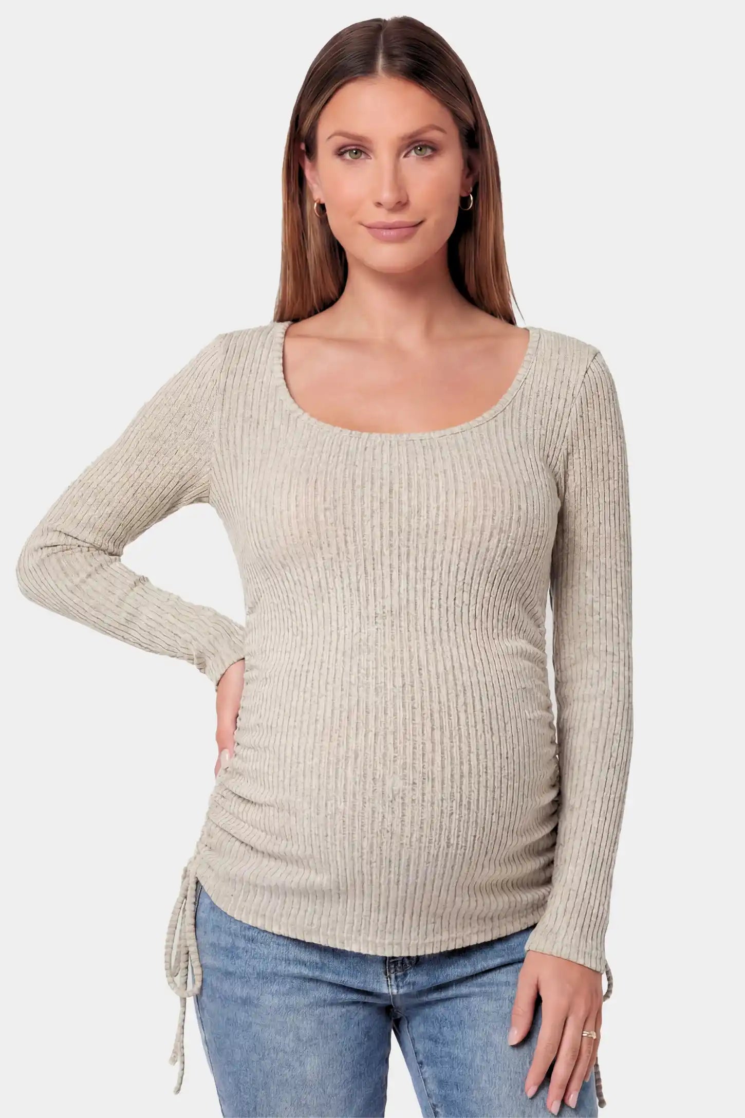 Ribbed Scoop Neck Long Sleeve Maternity Top in khaki featuring a scoop neck and side drawstrings on a pregnant model.