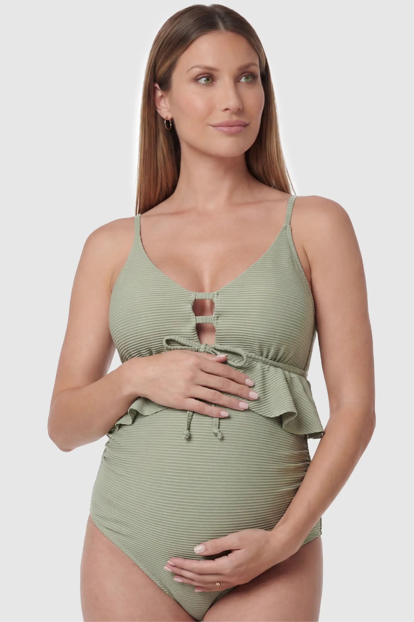 Ruffle Trim Halter Neck Maternity Swimsuit in Mint Green featuring a tie-front detail on a front-facing pregnant model.