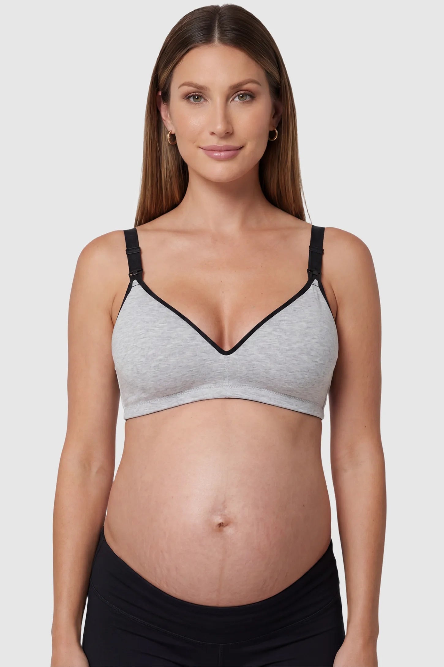 Clip-Down Seamless Nursing Bra in gray featuring soft V-neck shape, and full-cup coverage on pregnant model.