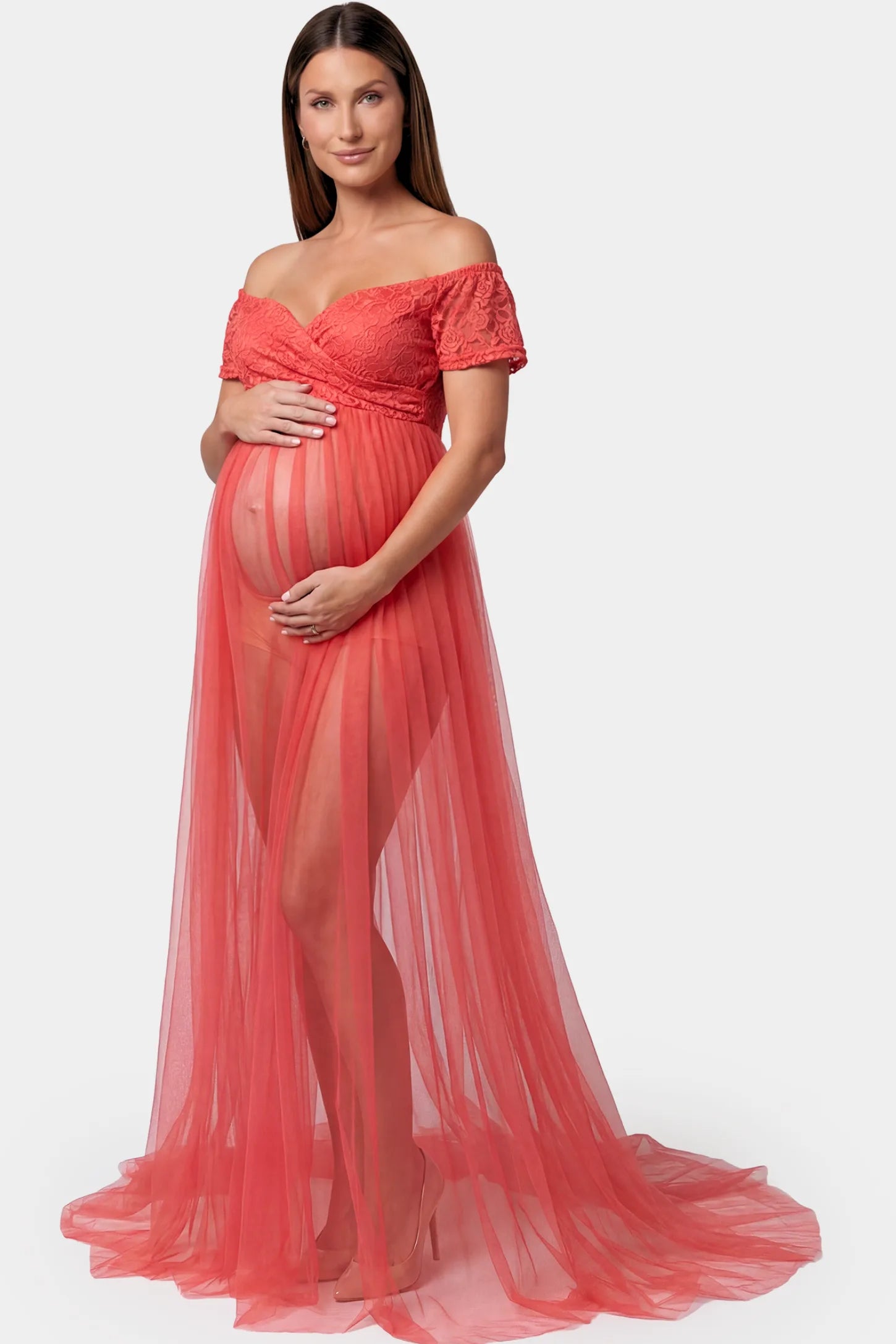 Lace Sheer Overlay Off Shoulder Maternity Photoshoot Gown in Rose featuring sweetheart neckline and flowing sheer skirt on a pregnant model.