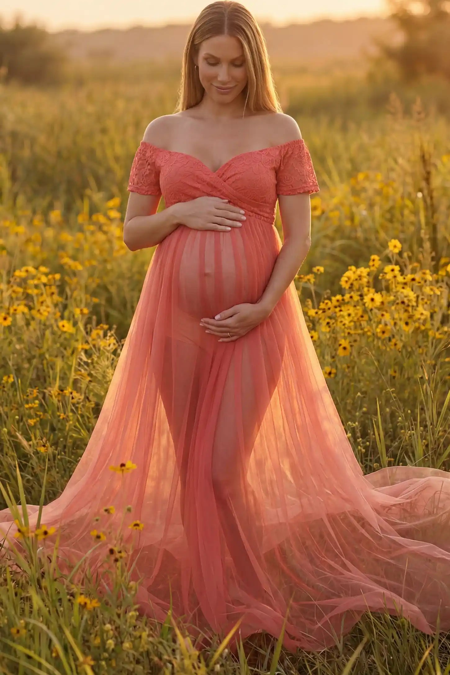 Lace Sheer Overlay Off Shoulder Maternity Photoshoot Gown in Rose featuring sweetheart neckline and flowing sheer skirt on a front view pregnant model.