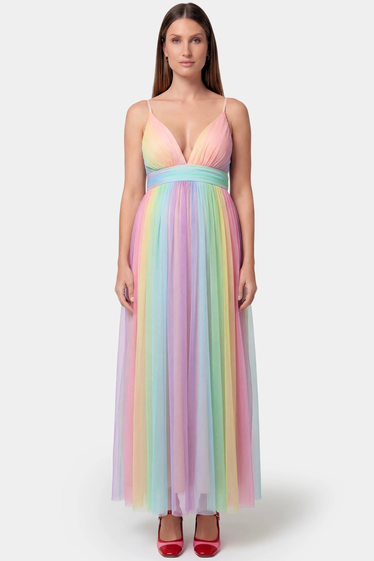 Rainbow Gradient Deep V-Neck Maternity Gown in gradient tulle featuring crossover bodice and empire waist on a pregnant model.