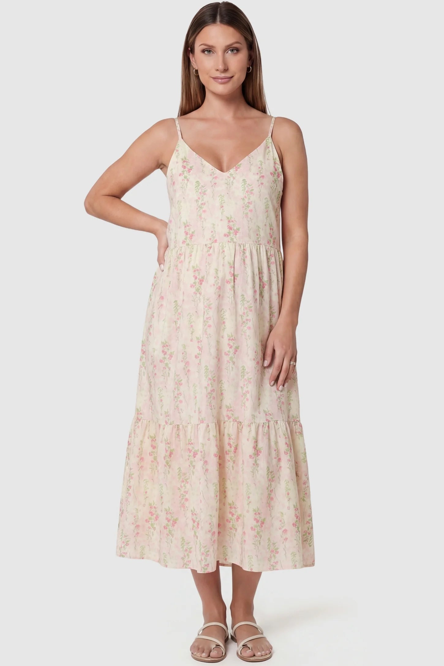 Pink White Ditsy Floral V-Neck Tiered Maxi Maternity Dress featuring a v-neckline on the front of a pregnant model.