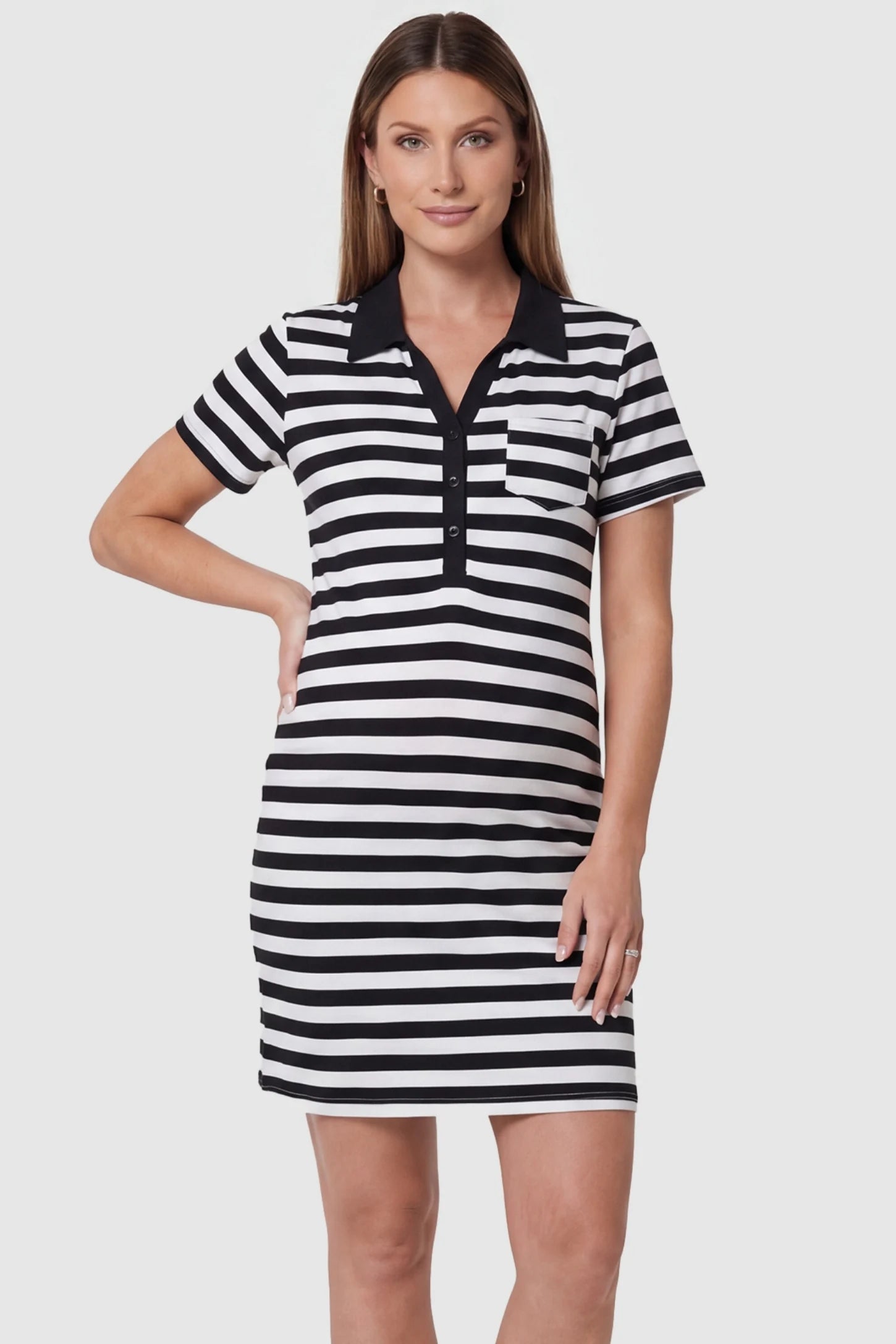Striped Collared Nursing T-Shirt Dress in Black and White Stripes featuring a classic shift silhouette on a pregnant model.