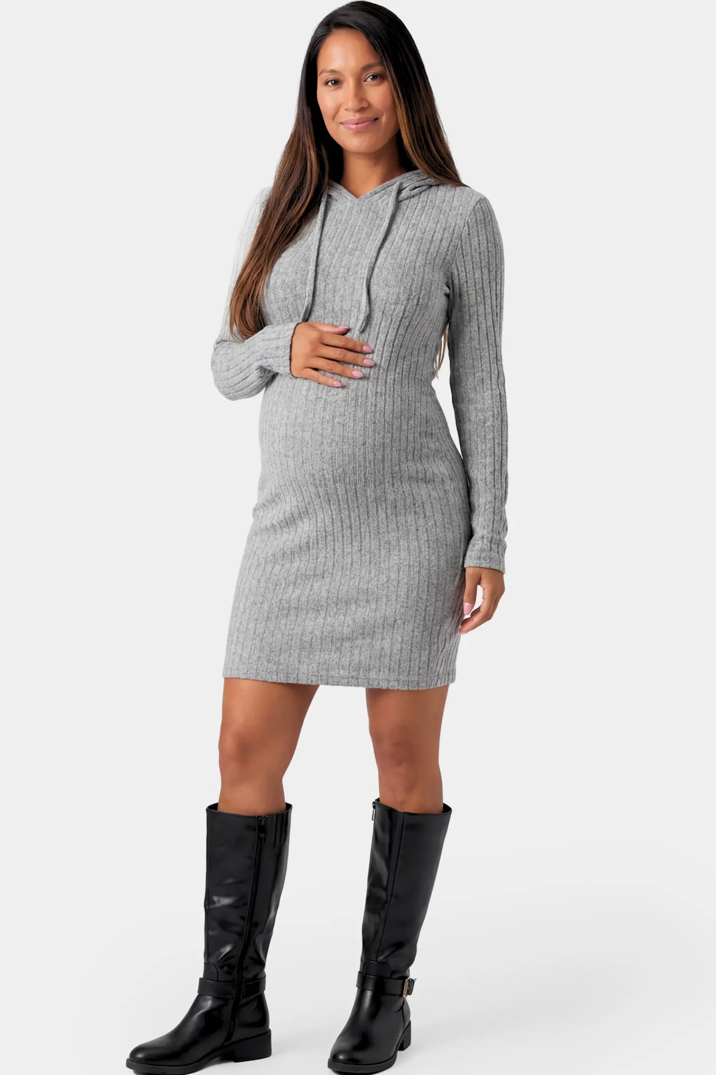 Ribbed Knit Hooded Maternity Sweater Short Dress in light gray featuring drawstring hood and bodycon silhouette on a pregnant model.