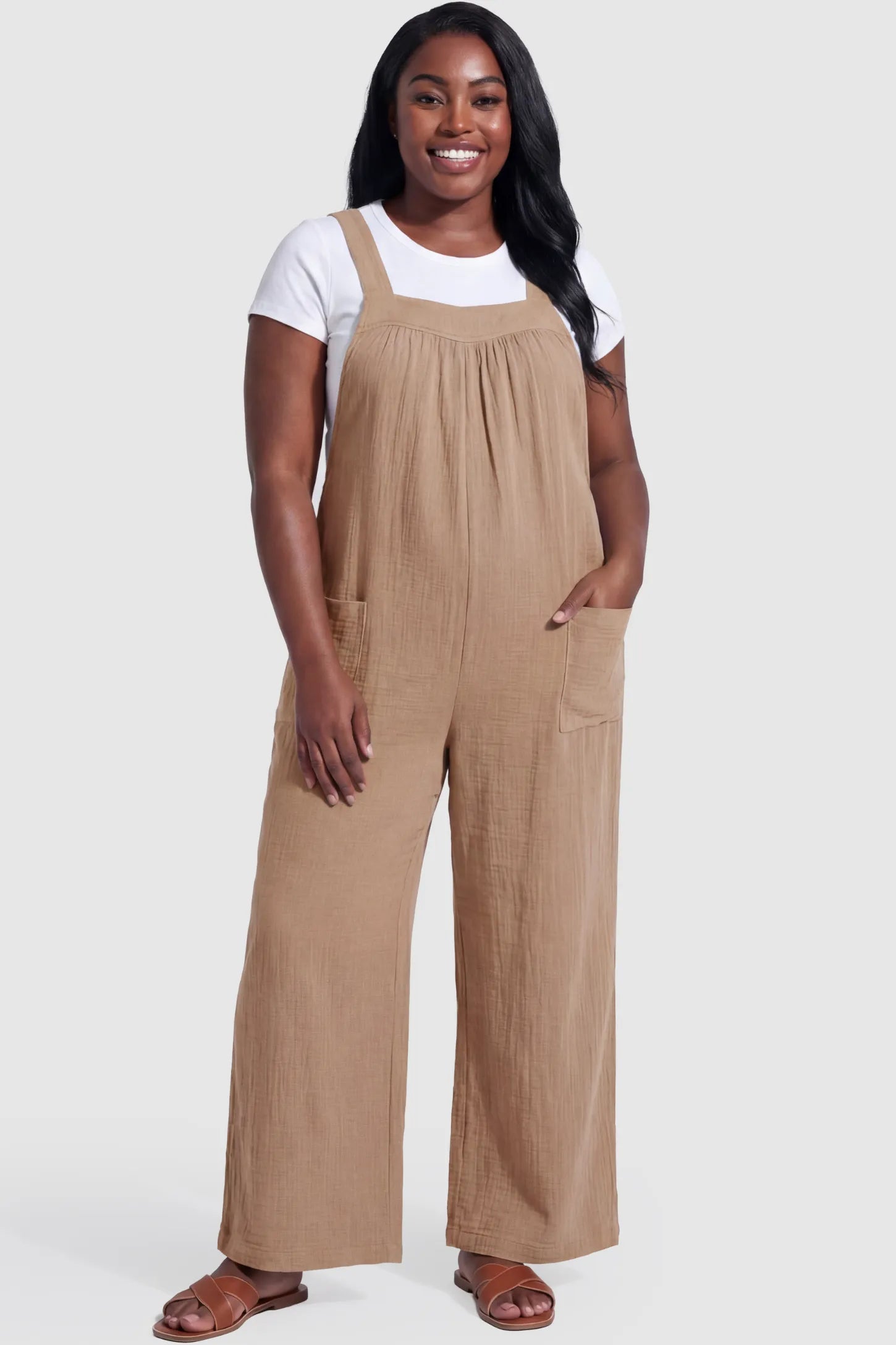 Square Neck Tie-Back Wide Leg Maternity Overalls in khaki featuring adjustable tie-back and wide leg silhouette on a pregnant model