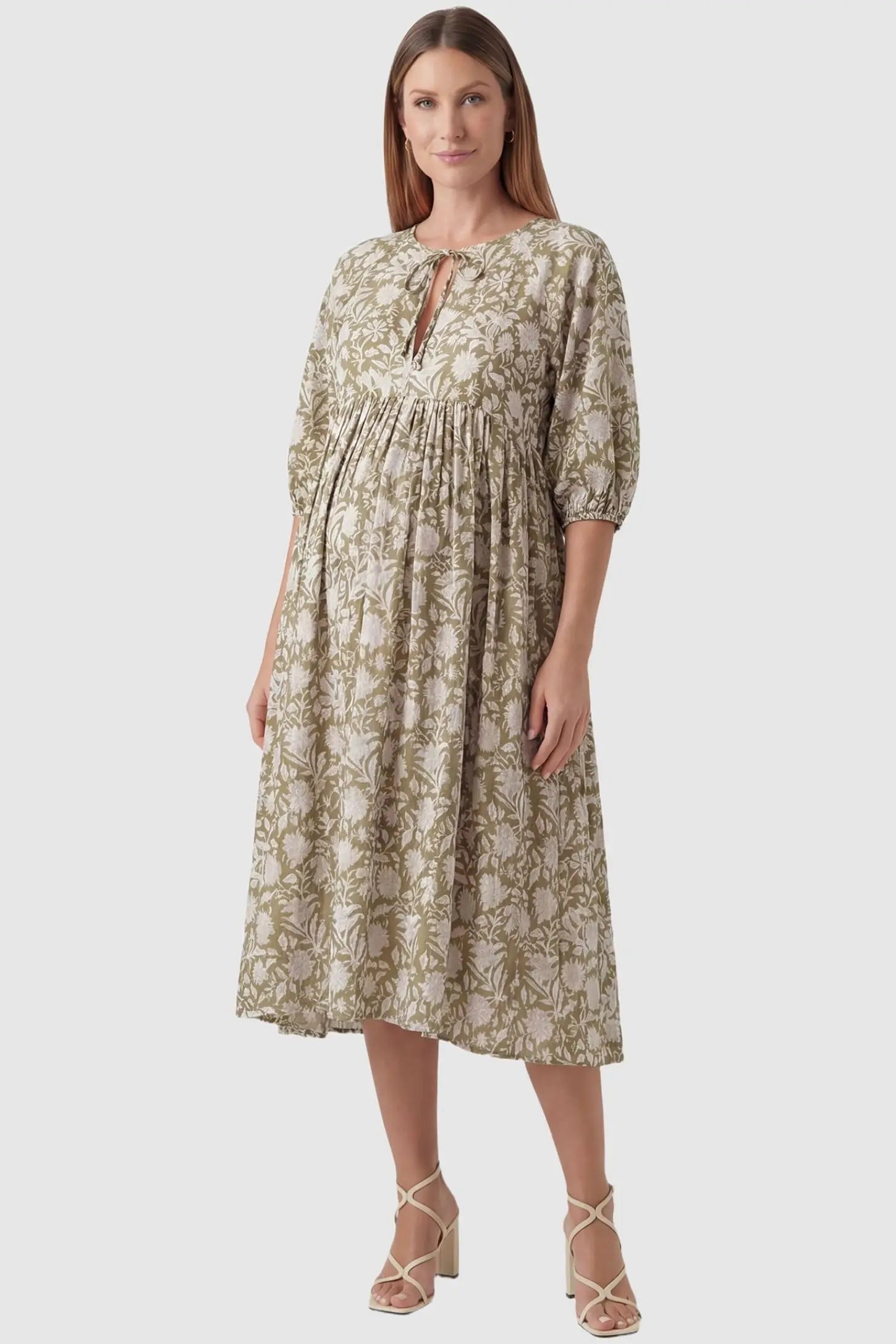 Floral Tie Neck Lantern Sleeve Maternity Midi Dress in Olive Green featuring a keyhole neckline on a pregnant model.
