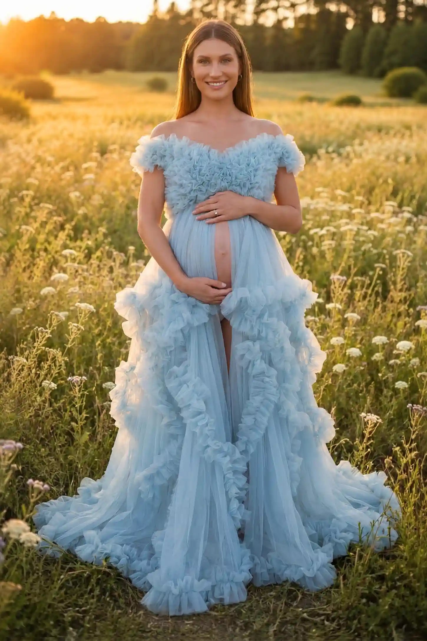 Ruffled tulle convertible neckline maternity photoshoot gown in blue with open front and ruffled tulle layers, front view on pregnant model