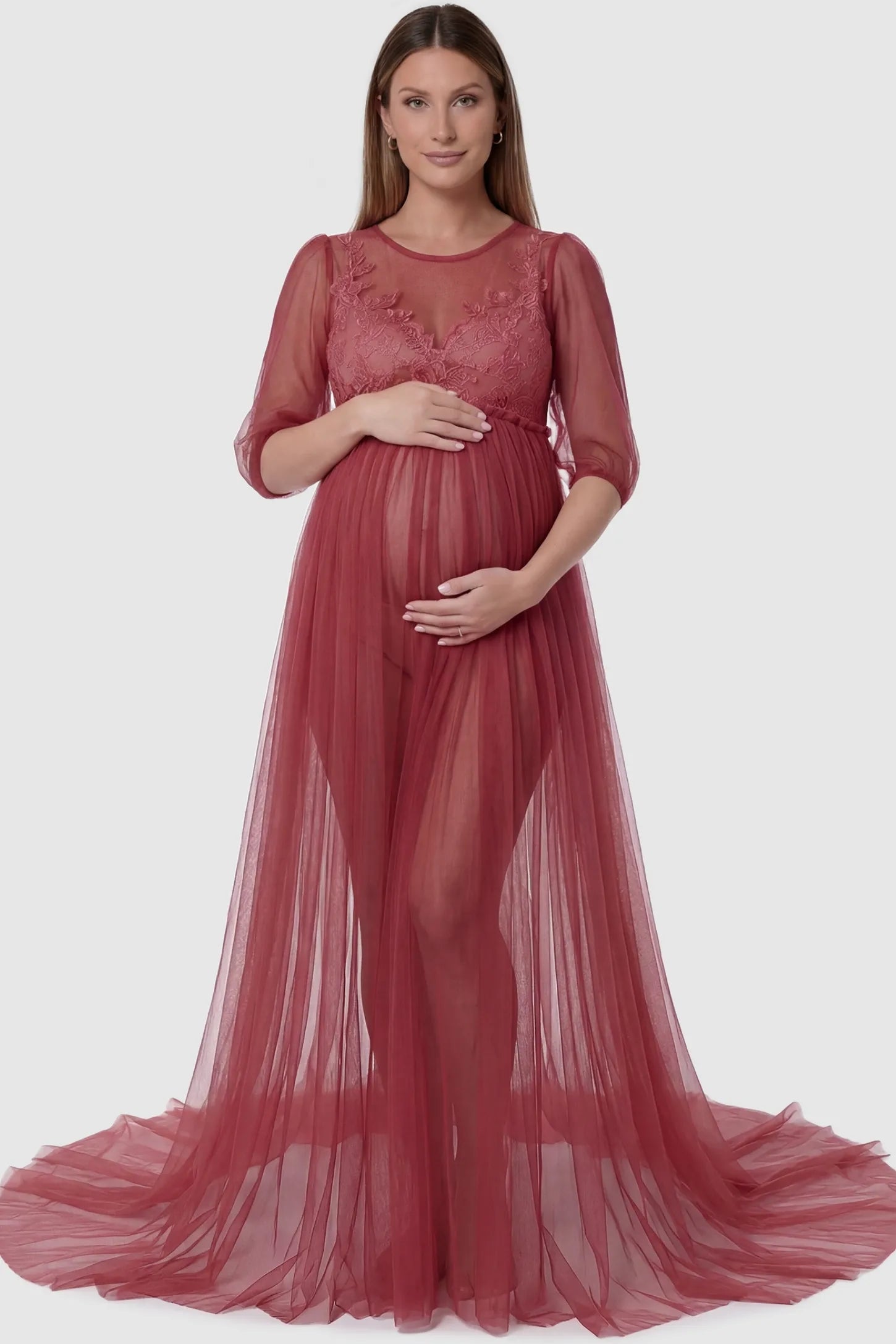 Tulle-lace V-neck short sleeve trailing maxi maternity dress in wine red featuring lace-spliced V-neck design in front view on a pregnant model
