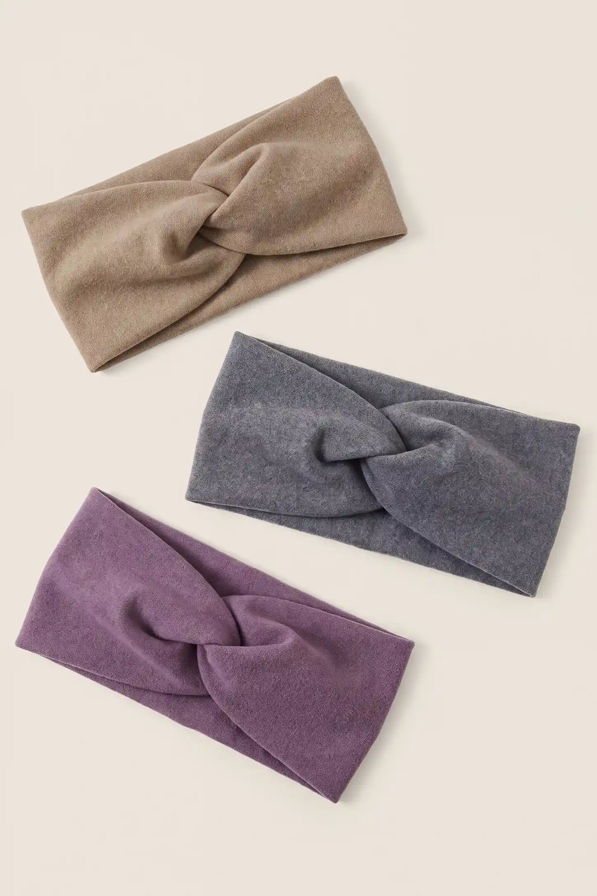 Wide Crossed Headband in Oatmeal Khaki, Heather Grey, and Dusty Purple showcasing retro-inspired wide crossed designs and ribbed textures, product collection layout view.