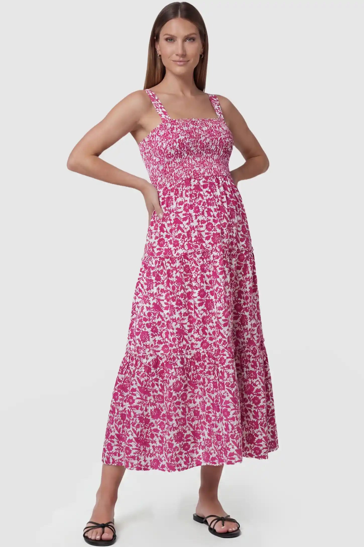 Floral Print Square Neck Tiered Maternity Sundress in rose red featuring smocked bodice and wide straps on pregnant model front view