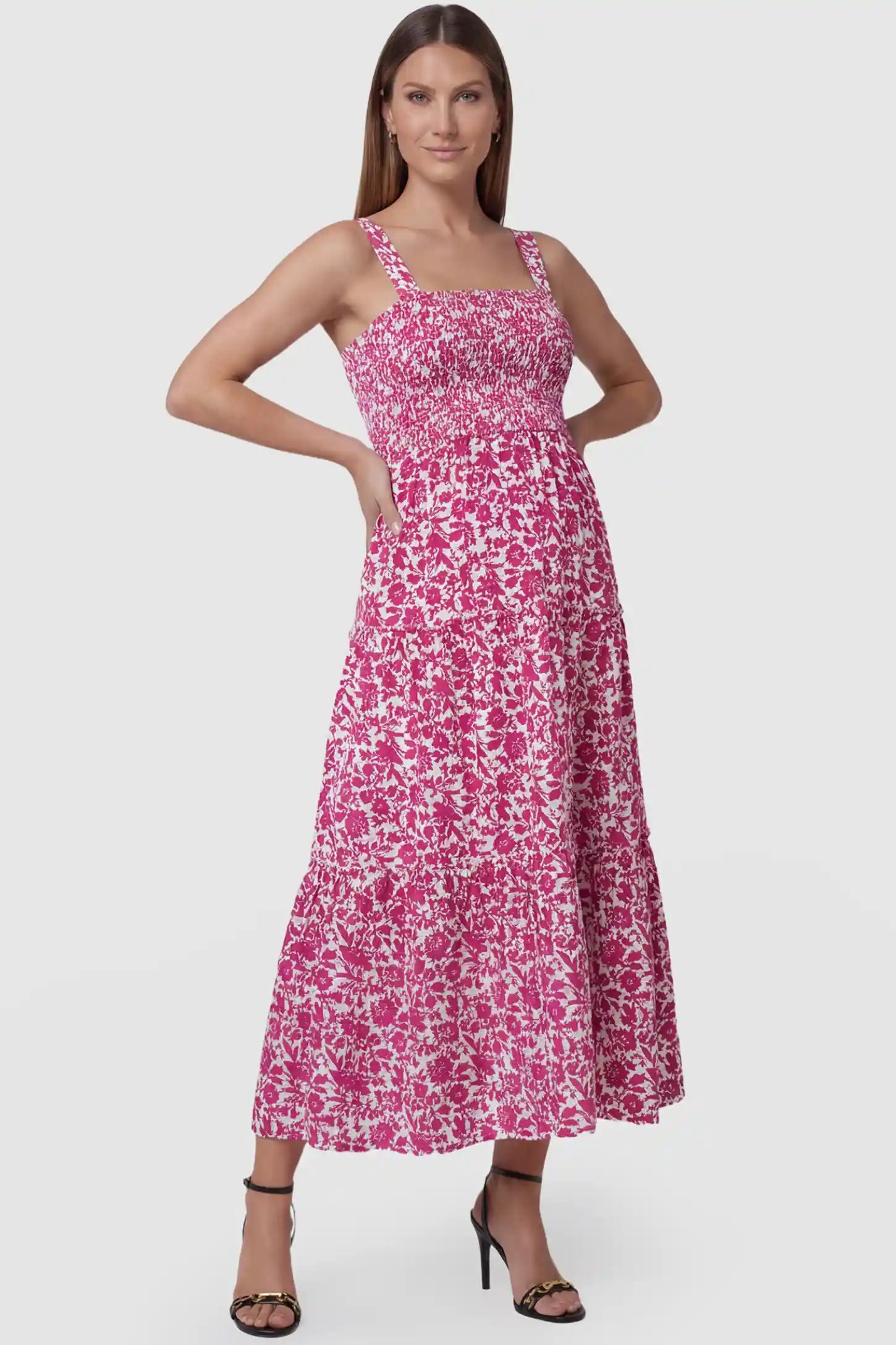 Floral Print Square Neck Tiered Maternity Sundress in rose red featuring smocked bodice and wide straps on pregnant model