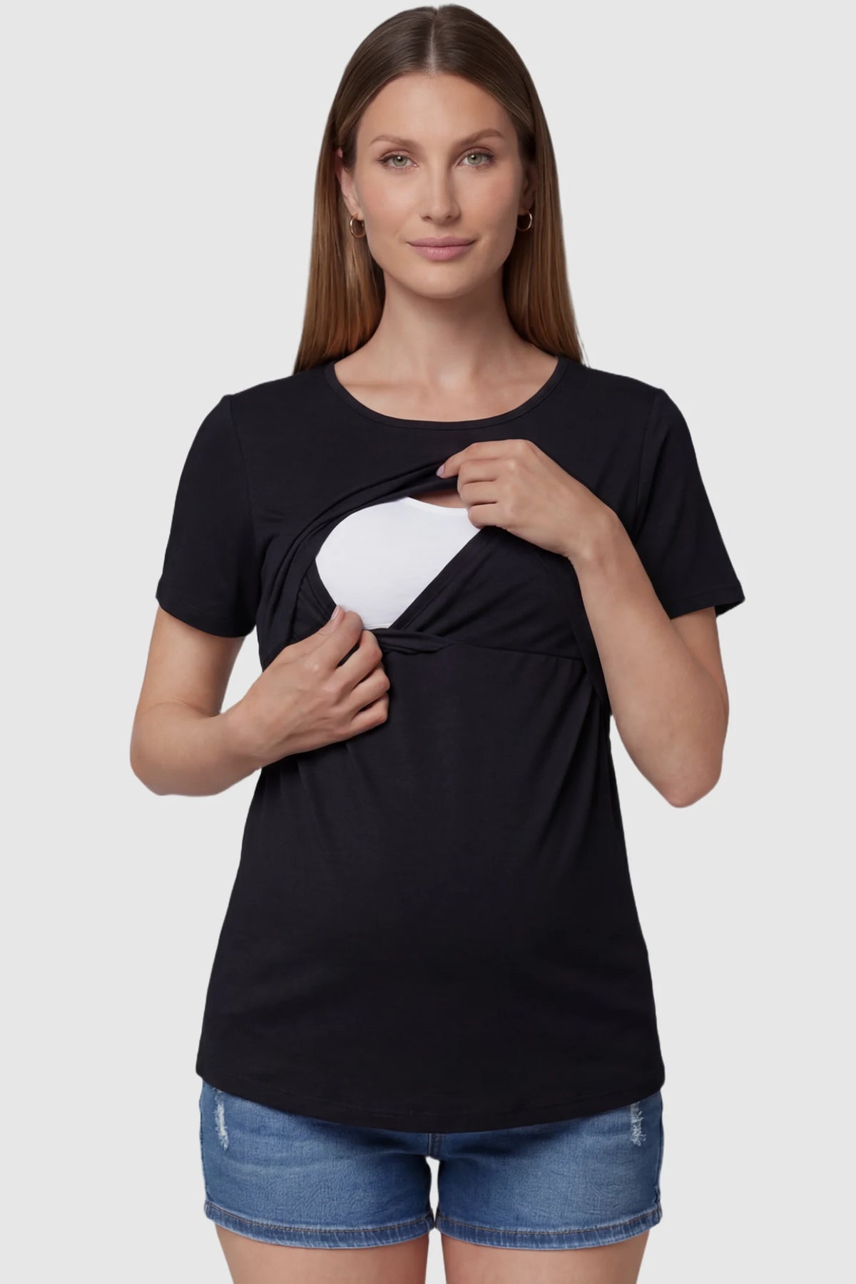 Double Layer Short Sleeve Maternity Nursing Top in Black featuring a discreet lift-up layer for breastfeeding access on a pregnant model front view.