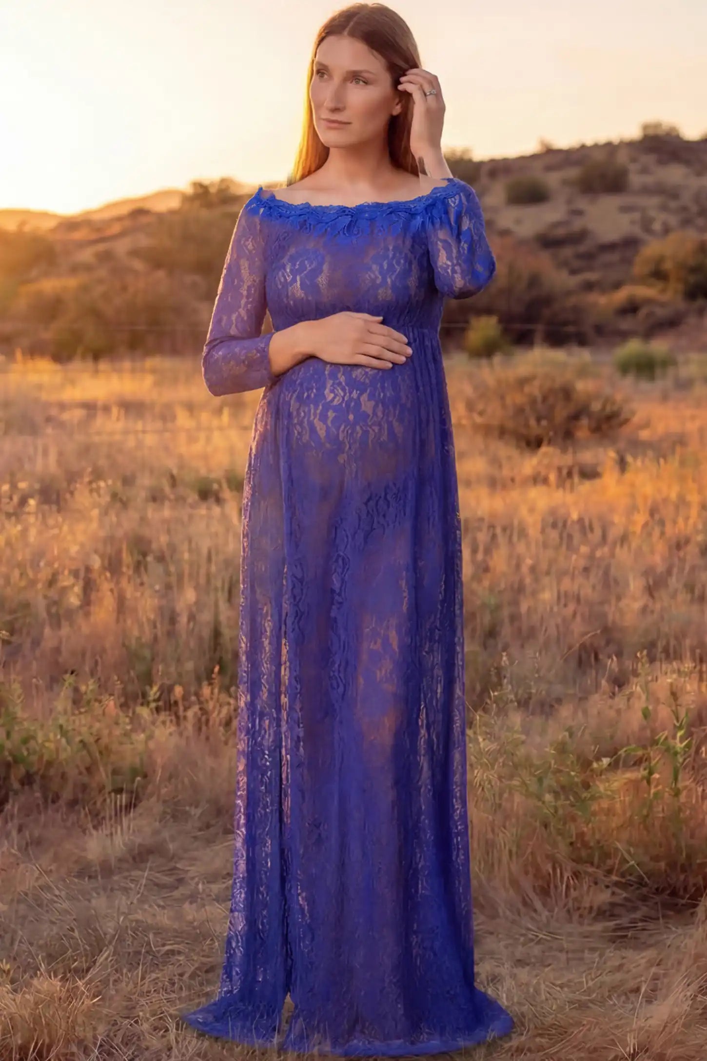 Lace Long Sleeve Maternity Gown in blue featuring scalloped lace trim neckline on pregnant model showing front view.