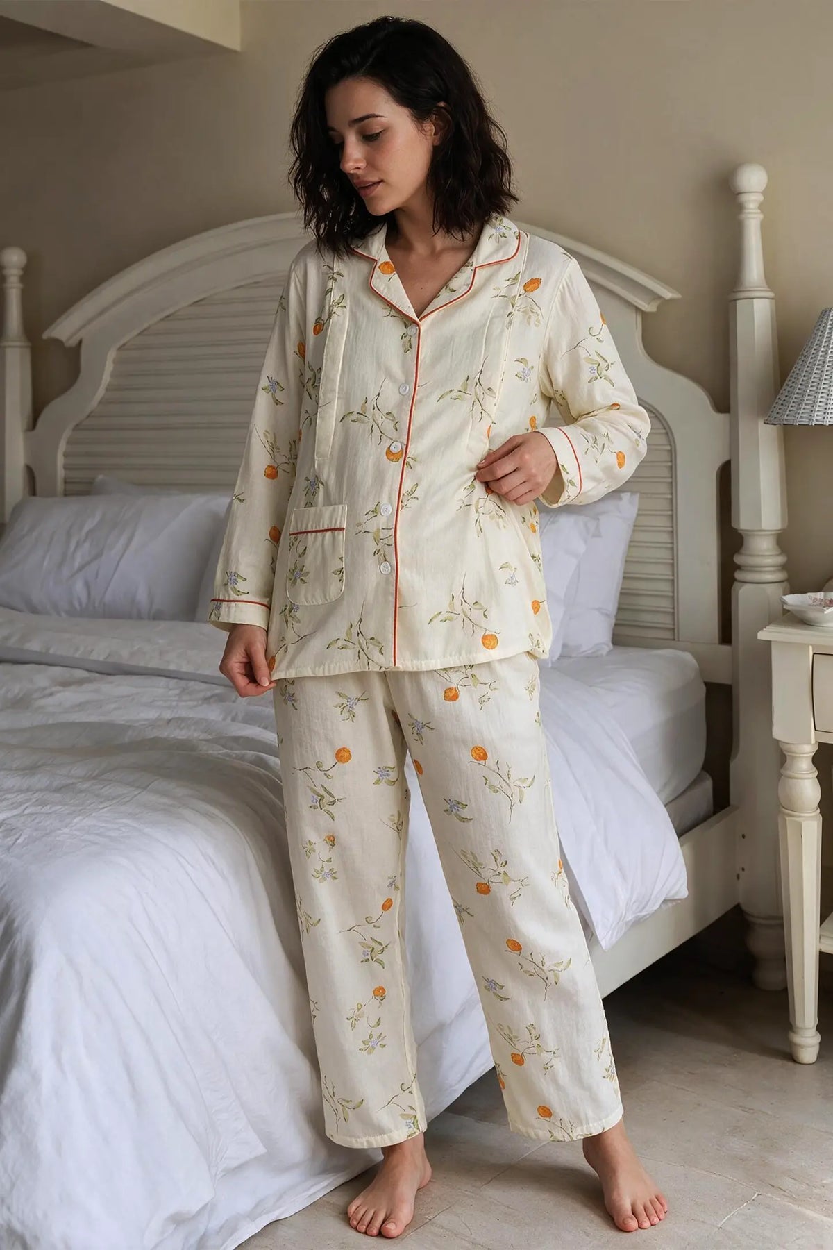 Yellow Floral Cotton Gauze Nursing Pajama Set