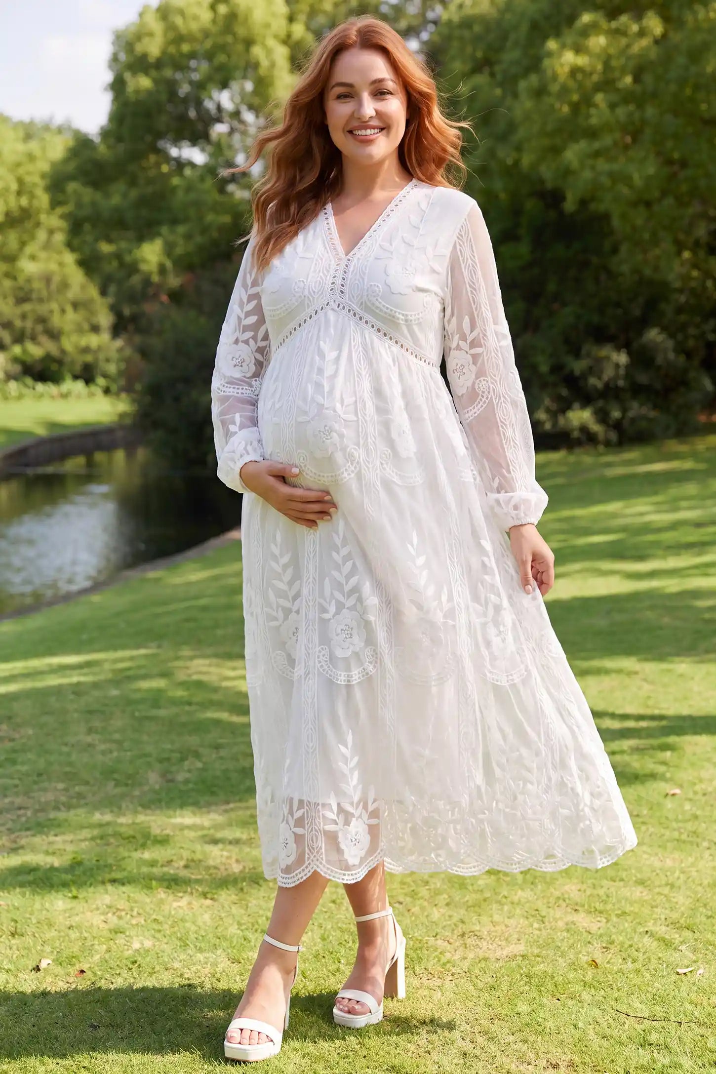 V-Neck Long Sleeve Lace Maternity Dress