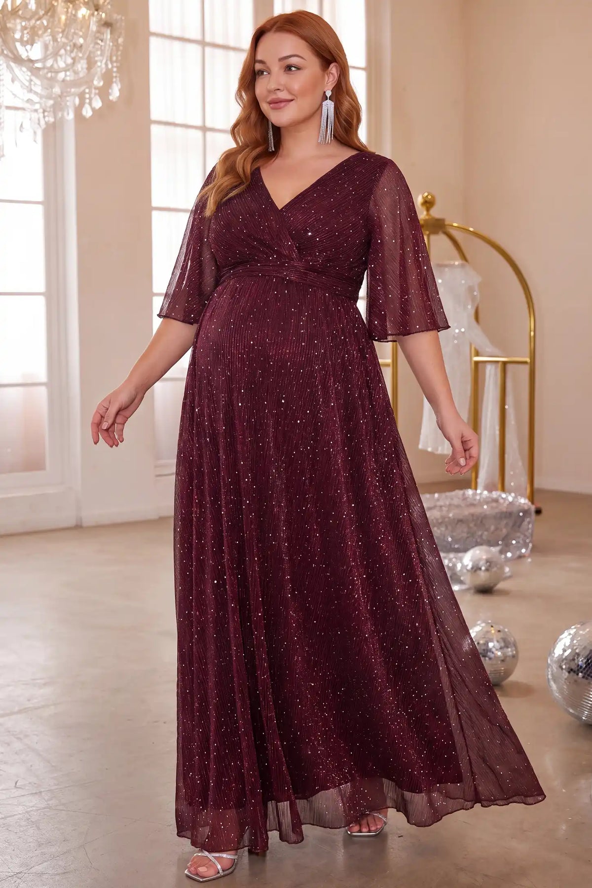 Deep V Neck Sequin Shimmer Maternity Maxi Dress
