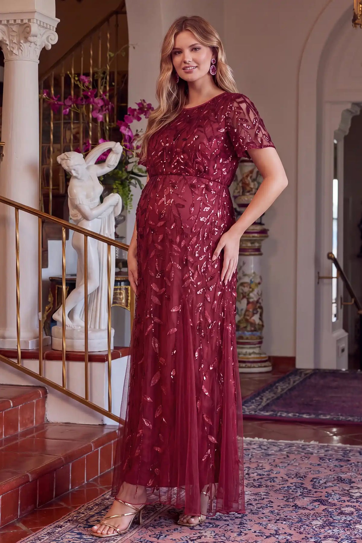 Sequin Slit Short Sleeve Maternity Maxi Dress