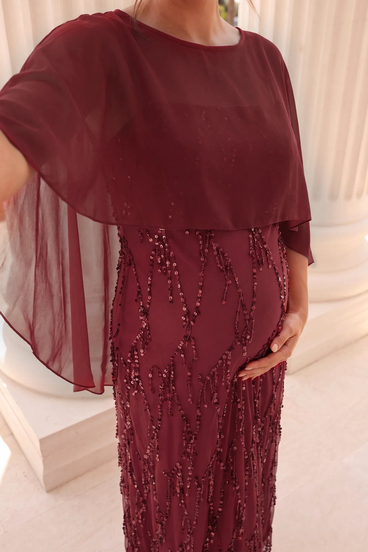 Sequin Fringe Cape Overlay Maternity Maxi Dress