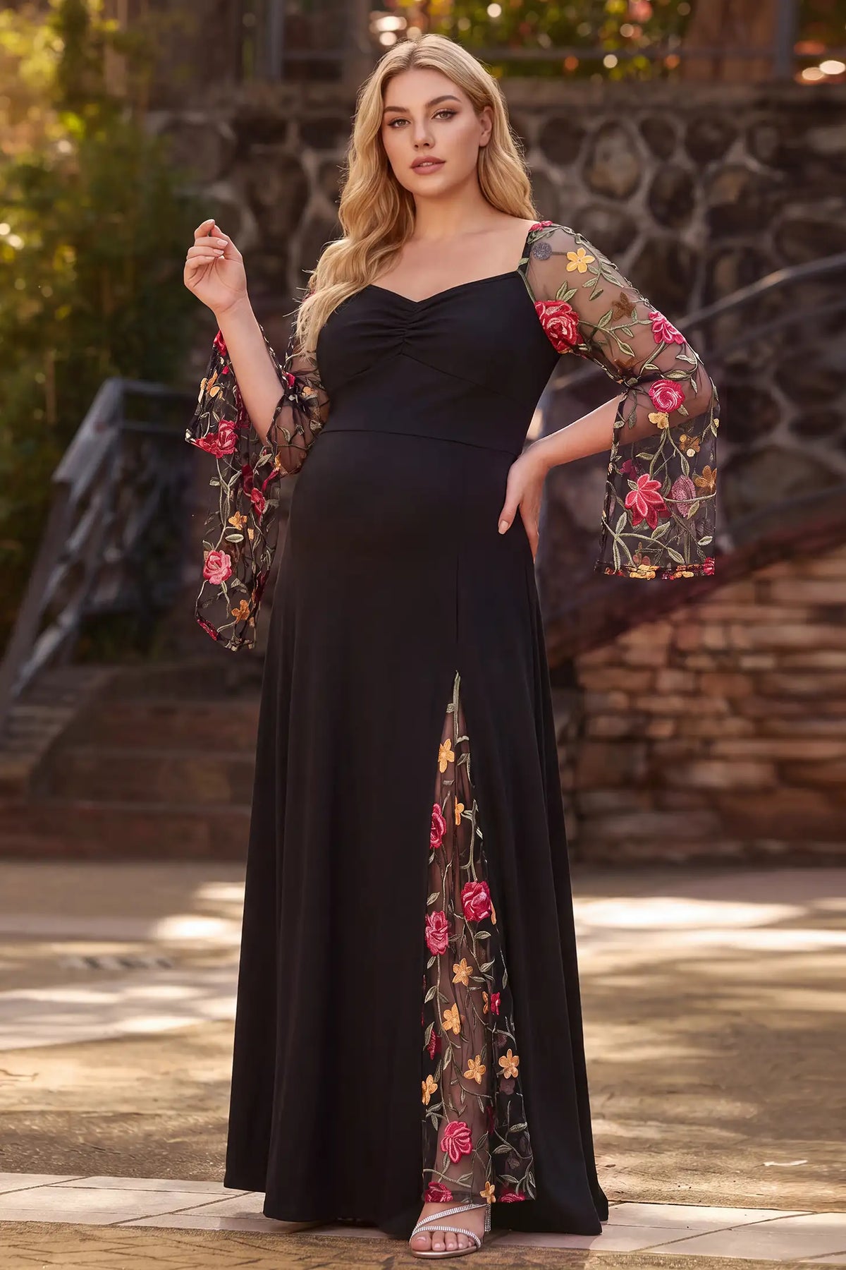Sweetheart Neck Floral Embroidered Maternity Maxi Dress