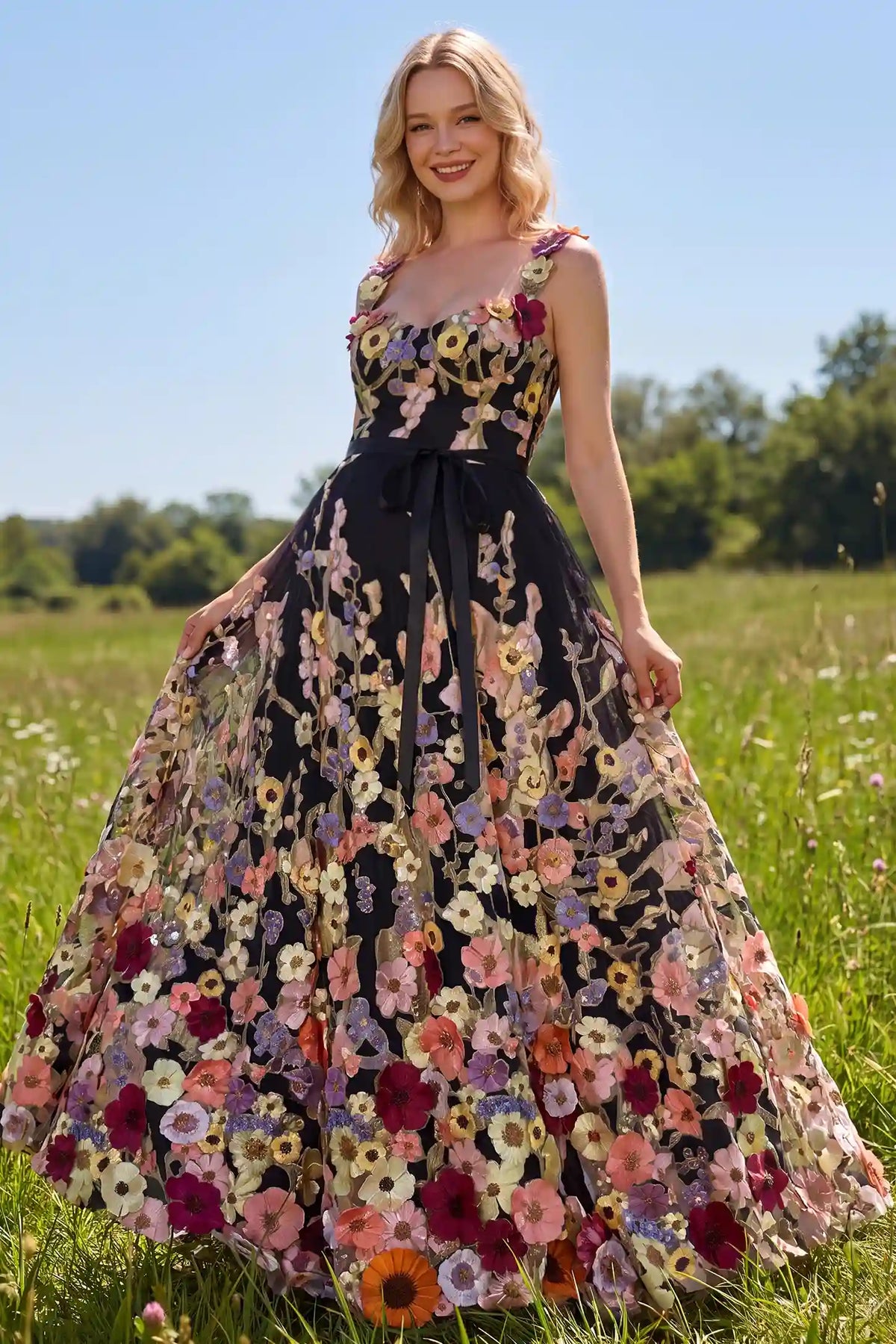3D Floral Embroidery U Neck Maternity Maxi Dress