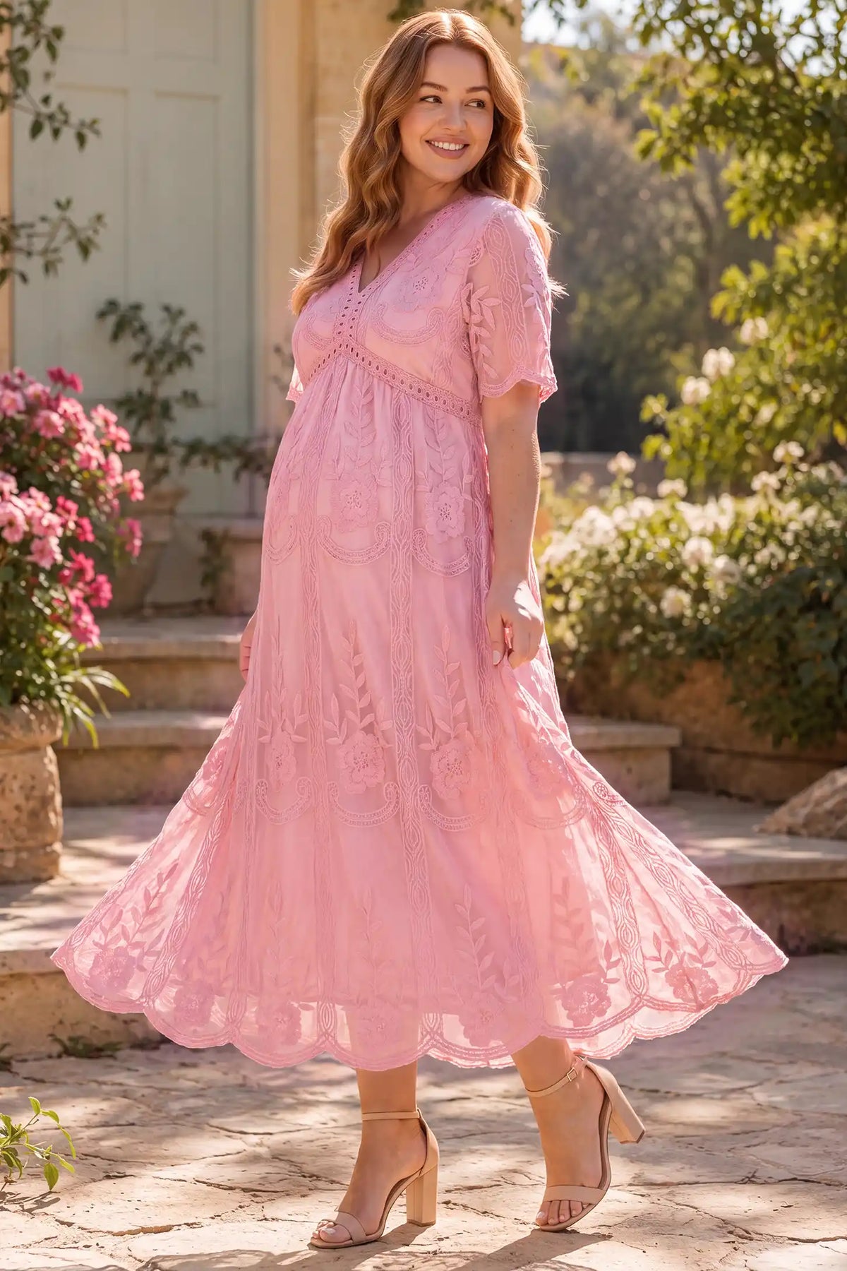 Lace Short Sheer Sleeve Maternity Maxi Dress