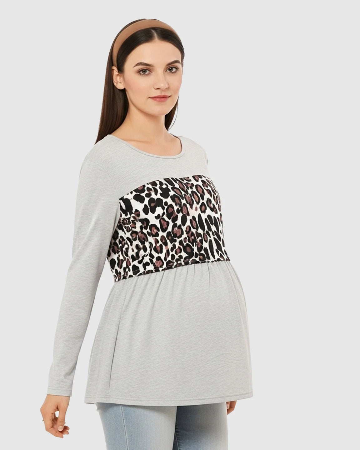 Leopard Panel Long Sleeve Maternity Nursing Top