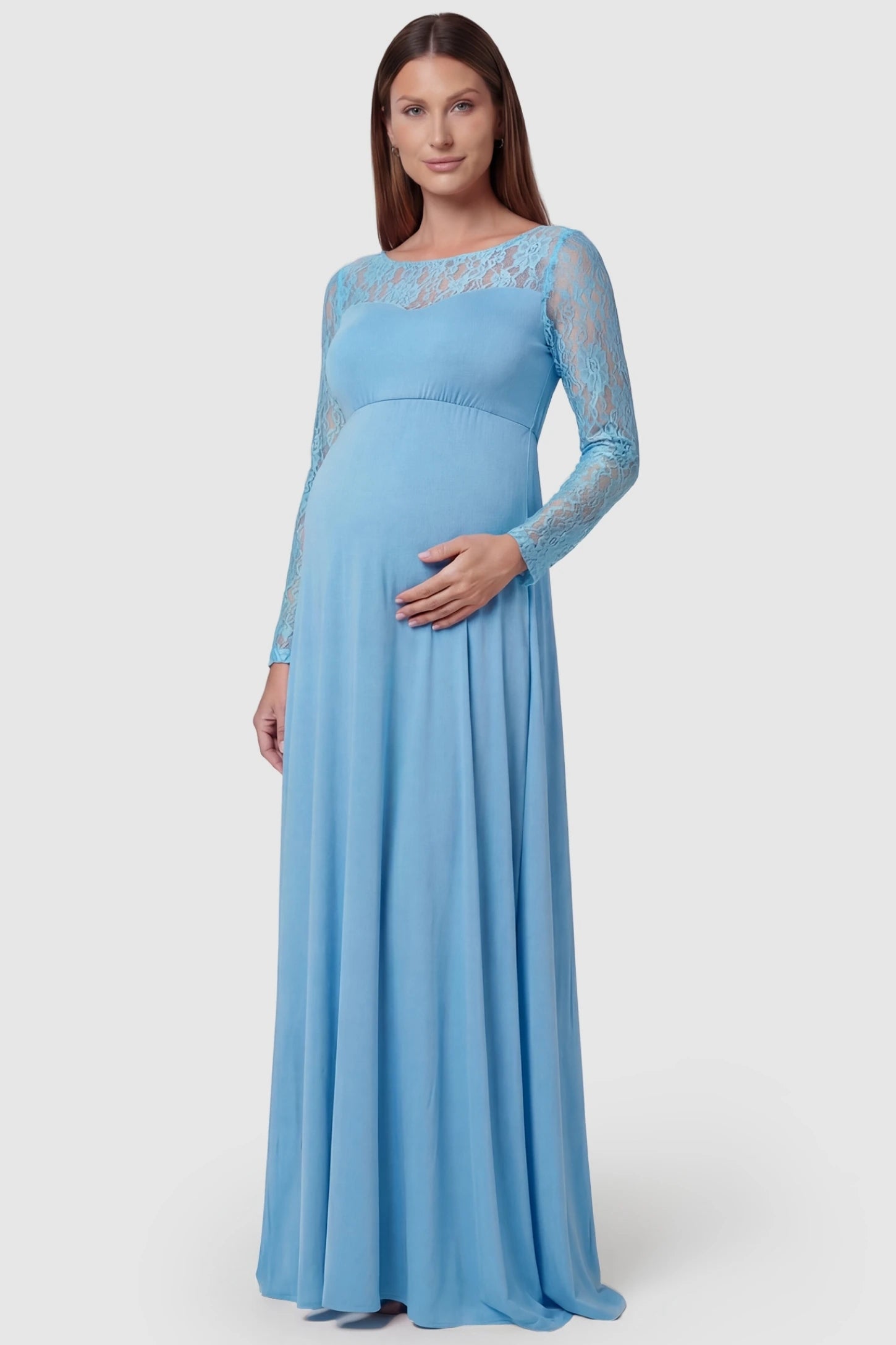 Acrylic Lace Long Sleeve Floor-Length Maternity Dress in Light Blue featuring a round neck on a front-facing pregnant model.
