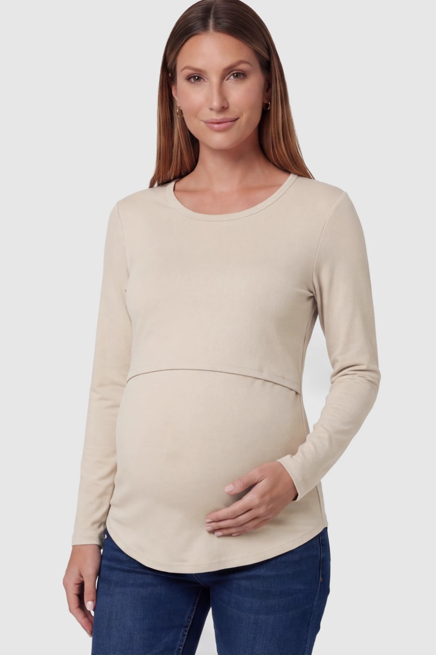 Double Layer Long Sleeve Maternity & Nursing Top in Apricot with a discrete lift-up access on a pregnant model.