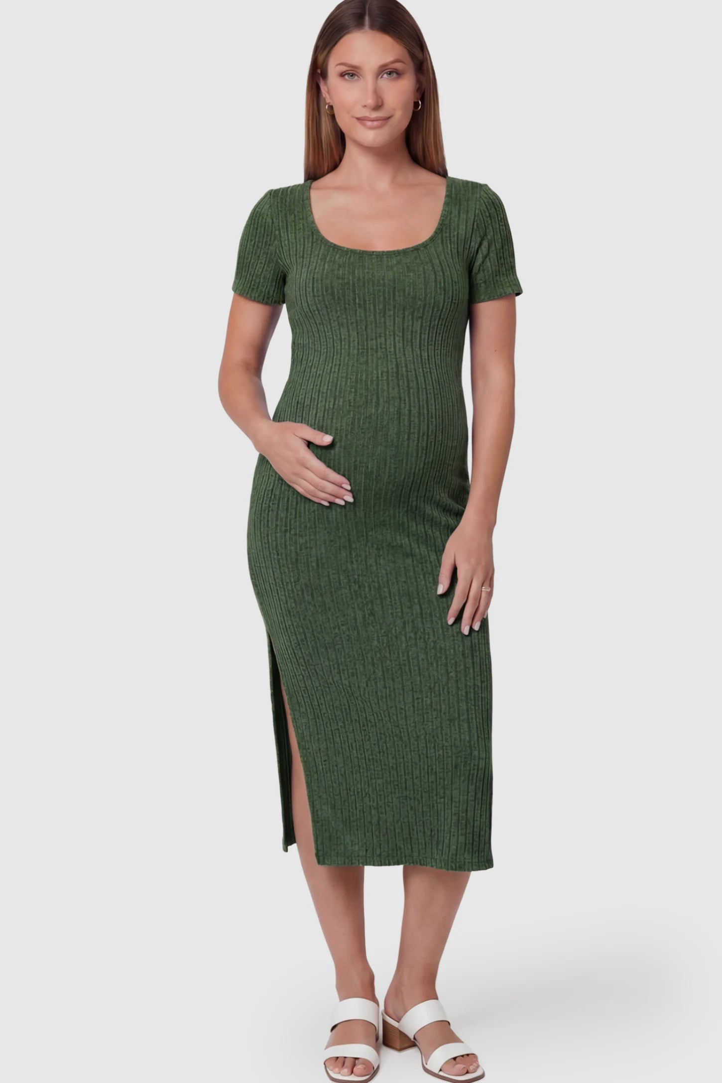 Ribbed Knit Scoop Neck Side Slit Maternity Midi Dress in Green featuring a side slit on a pregnant model.