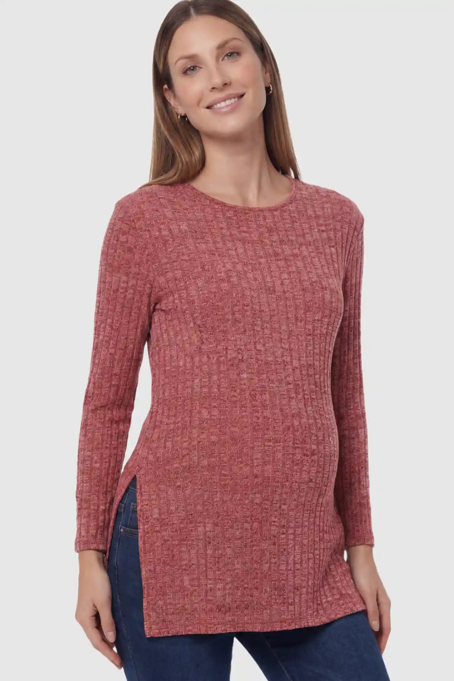Ribbed Knit Side-Slit Long Sleeve Maternity Top in Reddish Brown featuring a fine rib texture on a pregnant model.