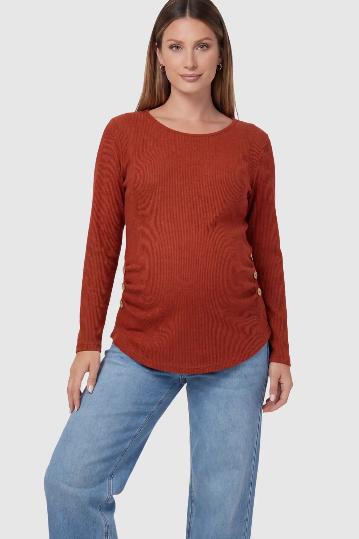 Ribbed Knit Long Sleeve Maternity & Nursing Top in Red featuring discreet nursing access on a pregnant model.