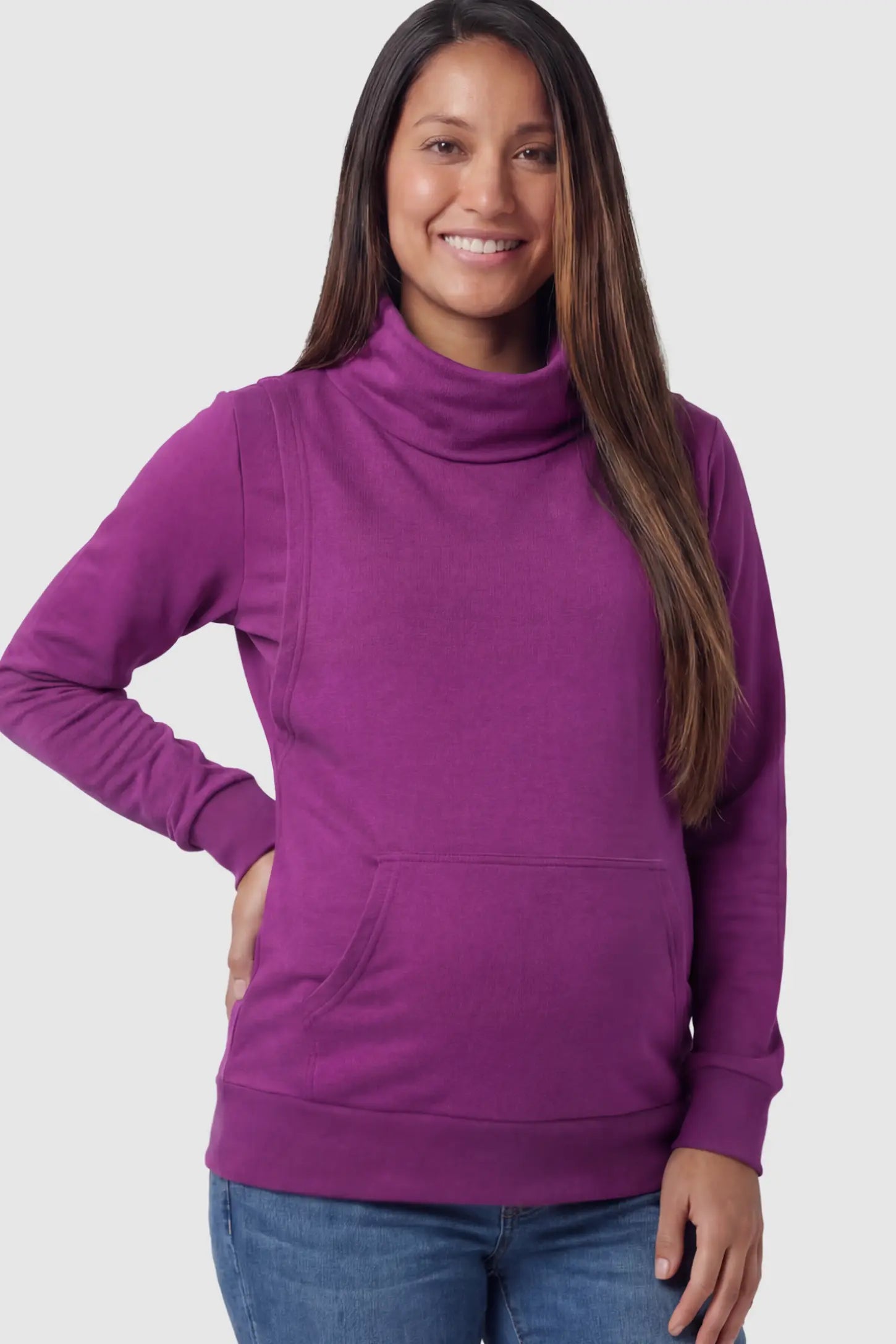 Cowl Neck Long Sleeve Maternity & Nursing Top in Purple featuring a kangaroo pocket and nursing access.