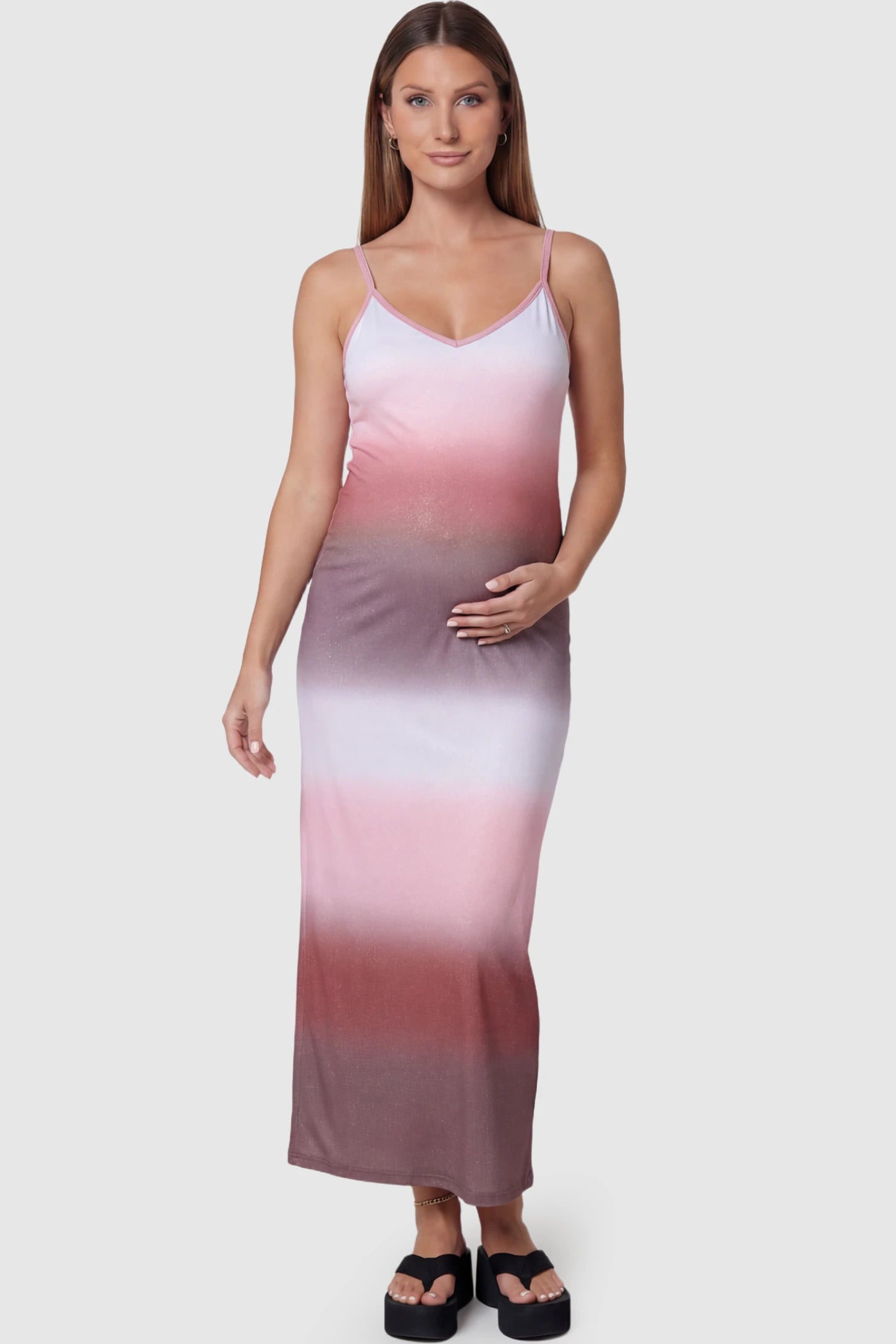 Ombre Print Spaghetti Strap Maternity Maxi Dress in pink and mauve featuring a shimmer finish on a pregnant model.