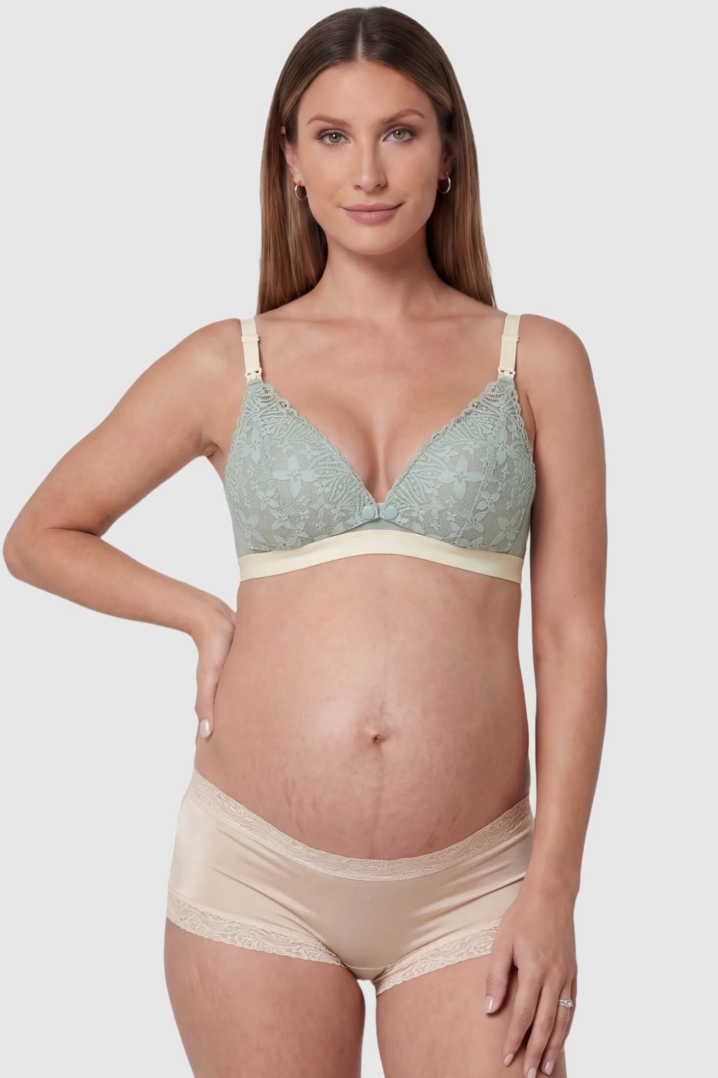 Front view of Wireless Front-Open Lace Maternity Nursing Bra in Green featuring a 3D stereo cup on a pregnant model.