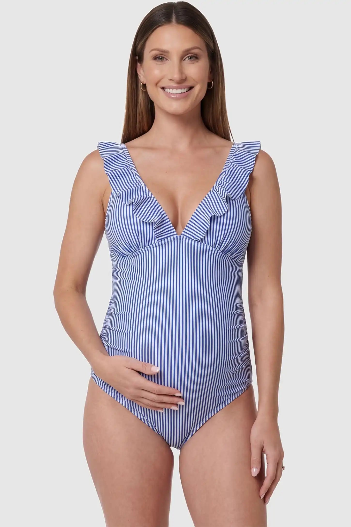 Adjustable Tie-Back V-Neck Maternity One-Piece Swimsuit in Blue Striped featuring striped print on a pregnant model, front view.