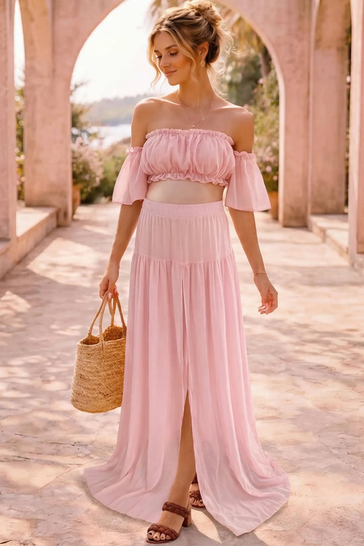 Chiffon Ruffle Off-Shoulder Two-Piece Maxi Maternity Dress in Pink featuring a flowy chiffon maxi skirt on a non-pregnant model, postpartum/lifestyle view.