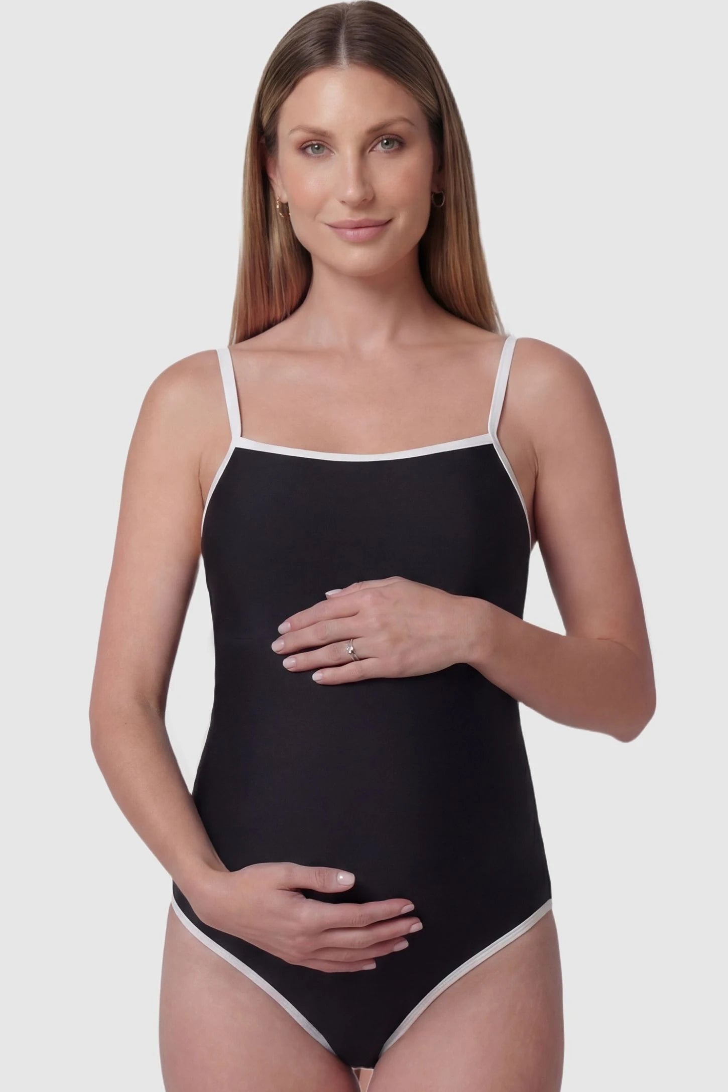 Contrast Trim Square Neck Maternity Swimsuit in Black featuring white trim, front view on pregnant model.