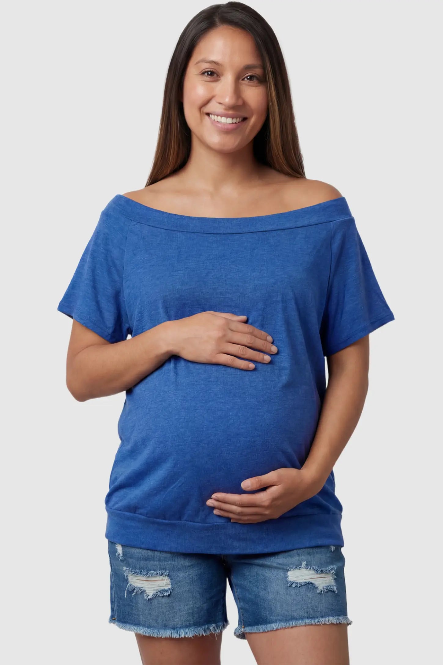 Convertible Neck Short Sleeve Maternity Top in blue featuring an adjustable neckline and a comfortable banded hem on a pregnant model front view.