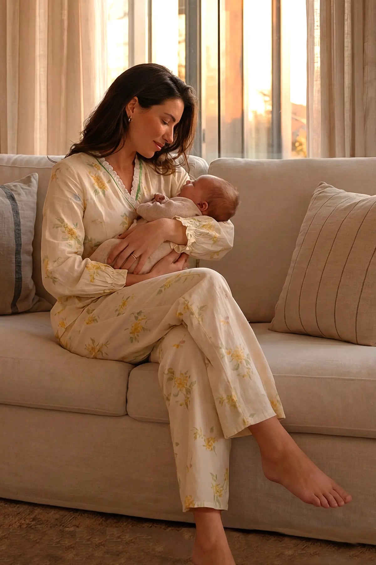 Cotton Long Sleeve Maternity Pajama Set in Osmanthus Floral Print on a woman.