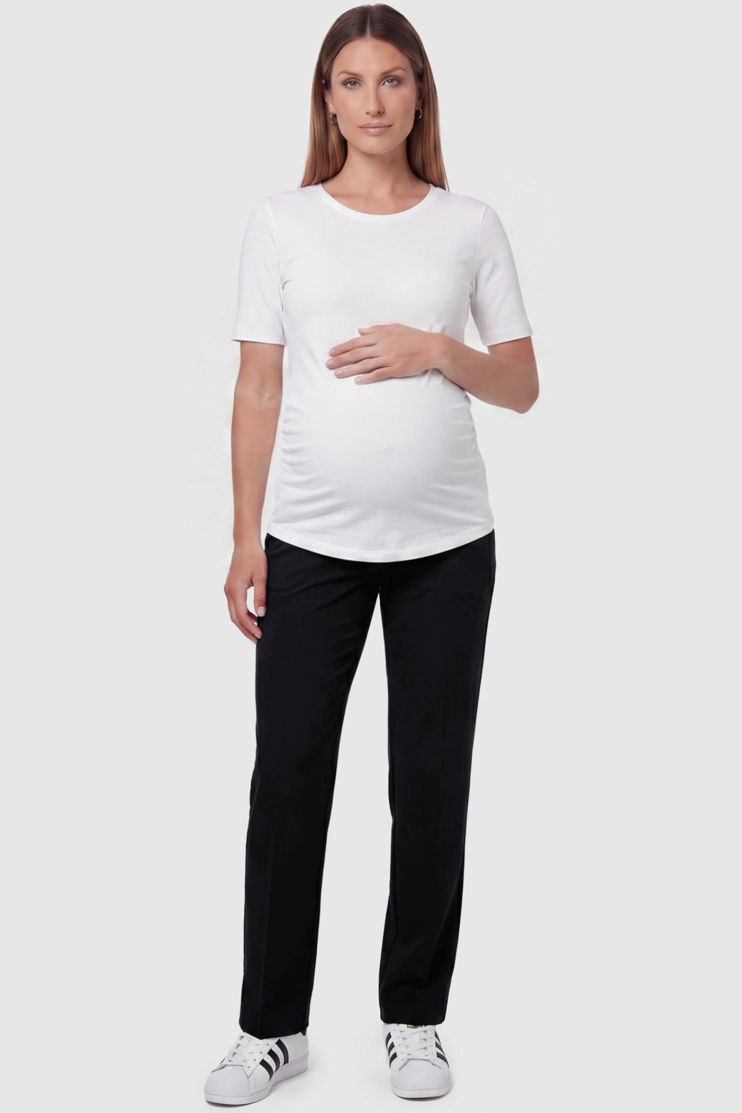 Cotton Full Panel Straight Leg Maternity Pants in Black featuring a high jersey waistband on a pregnant model, front view.