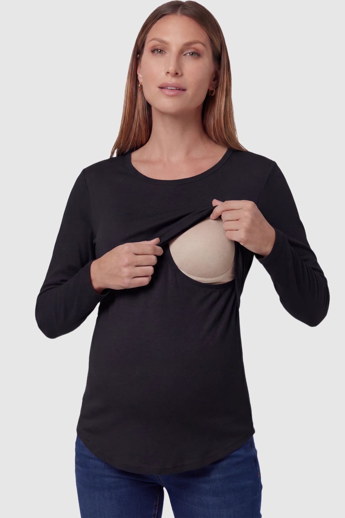 Double Layer Long Sleeve Maternity & Nursing Top in Black with a discrete lift-up access on a pregnant model.
