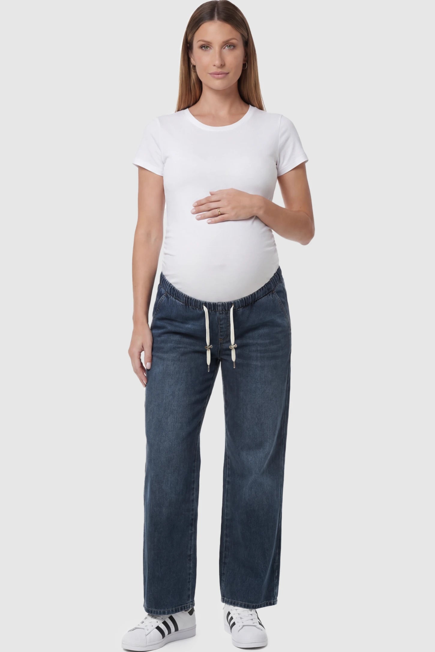 Drawstring Waist Wide Leg Maternity Jeans in Blue featuring drawstring waistband on a pregnant model.