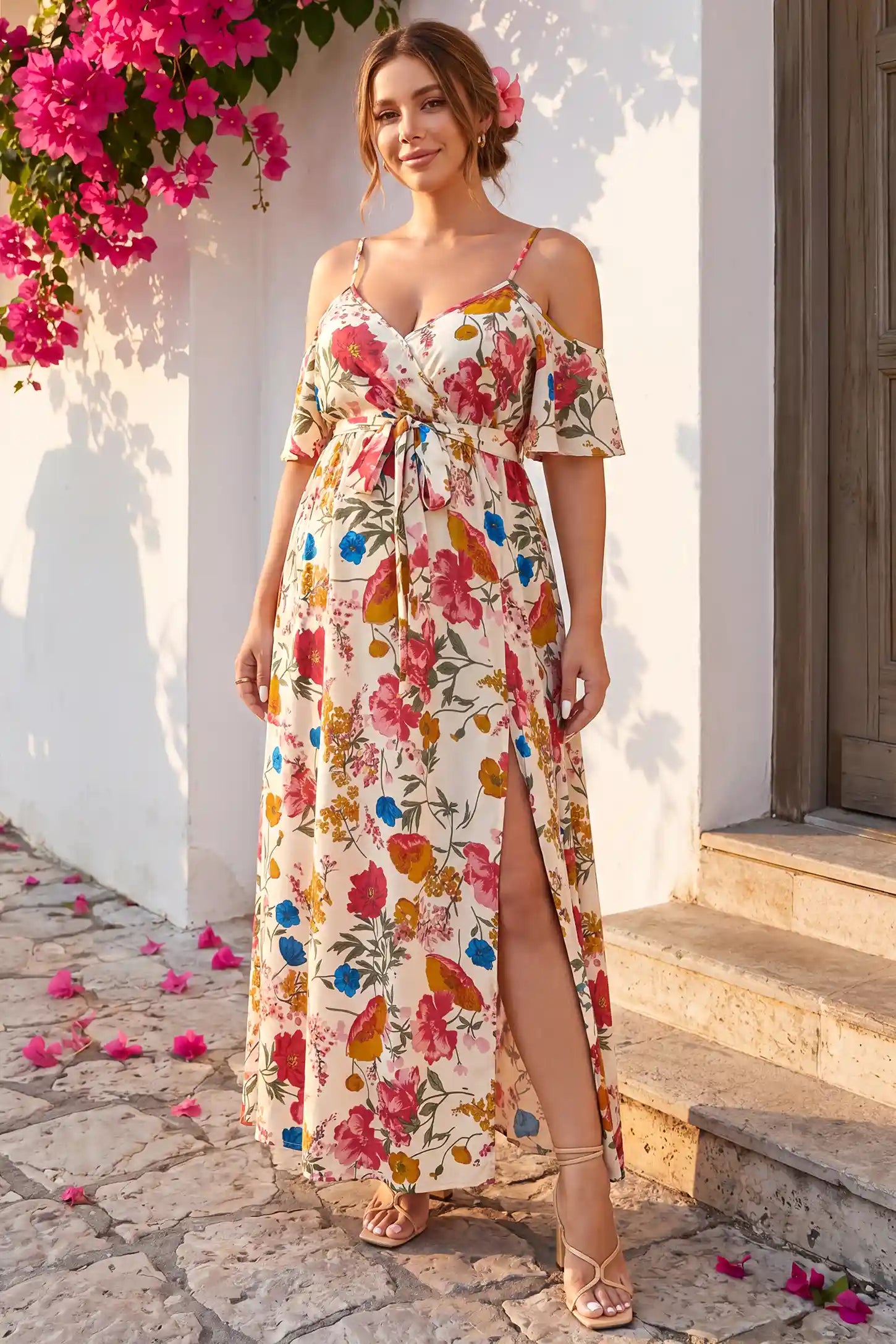 Elegant Floral Cold Shoulder Maternity Maxi Dress with Slit in Khaki with floral print and cold shoulder details, lifestyle view on a pregnant model.