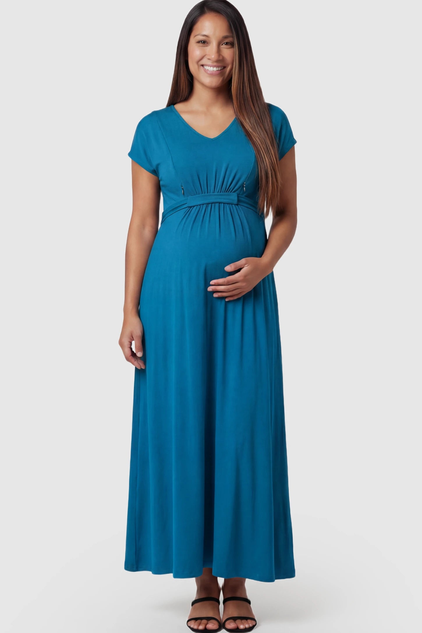 Empire Waist Short Sleeve Maternity Nursing Maxi Dress featuring hidden breastfeeding zippers in blue on a pregnant model showing front.