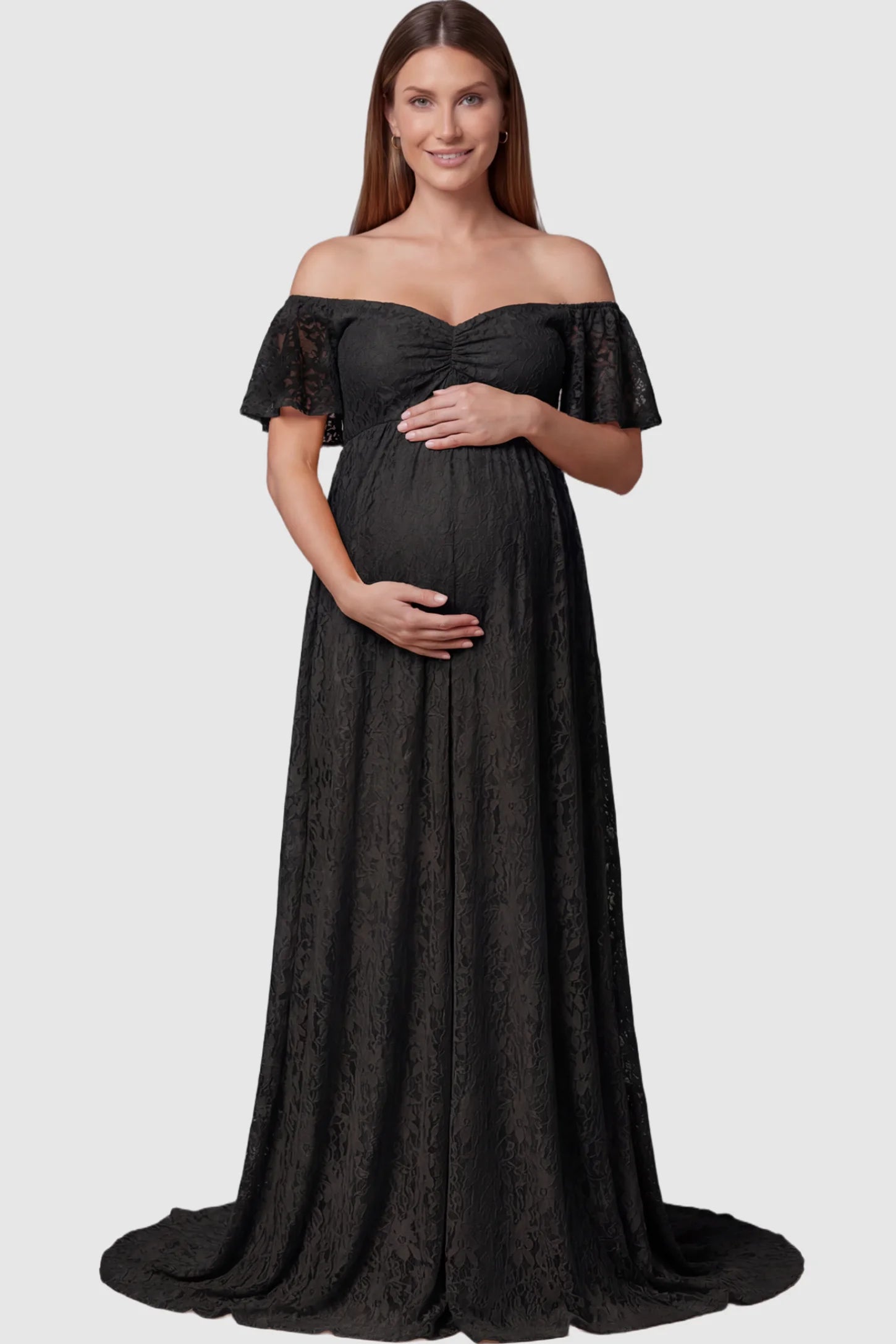 Lace Off Shoulder Maternity Maxi Dress in Black featuring off the shoulder neckline on a pregnant model showing front.