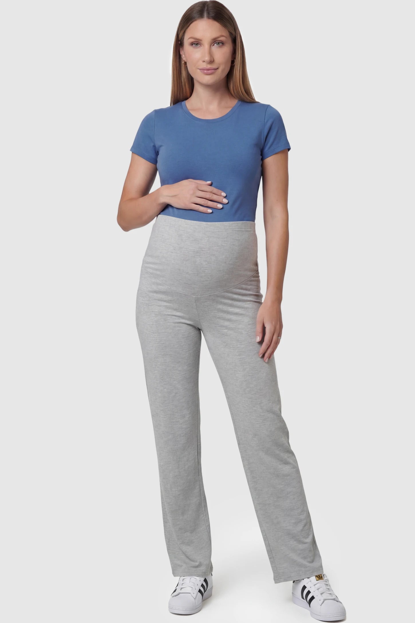 Full Panel High Waist Wide Leg Maternity Lounge Pants in Gray featuring a High-elasticity waistband on a pregnant model facing front.