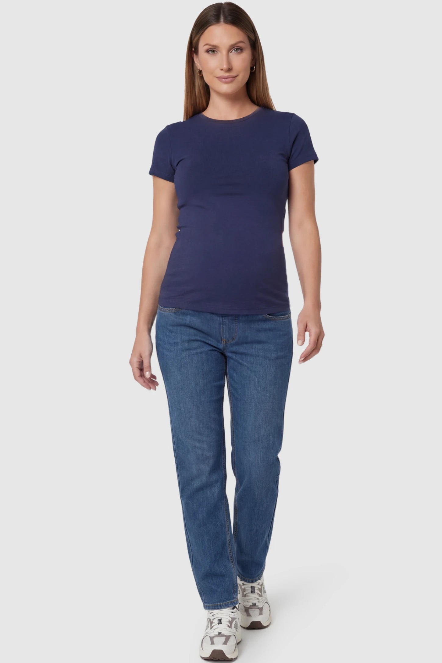 Full Panel Straight Leg Maternity Jeans in Blue featuring a stretch waistband on a pregnant model facing front.