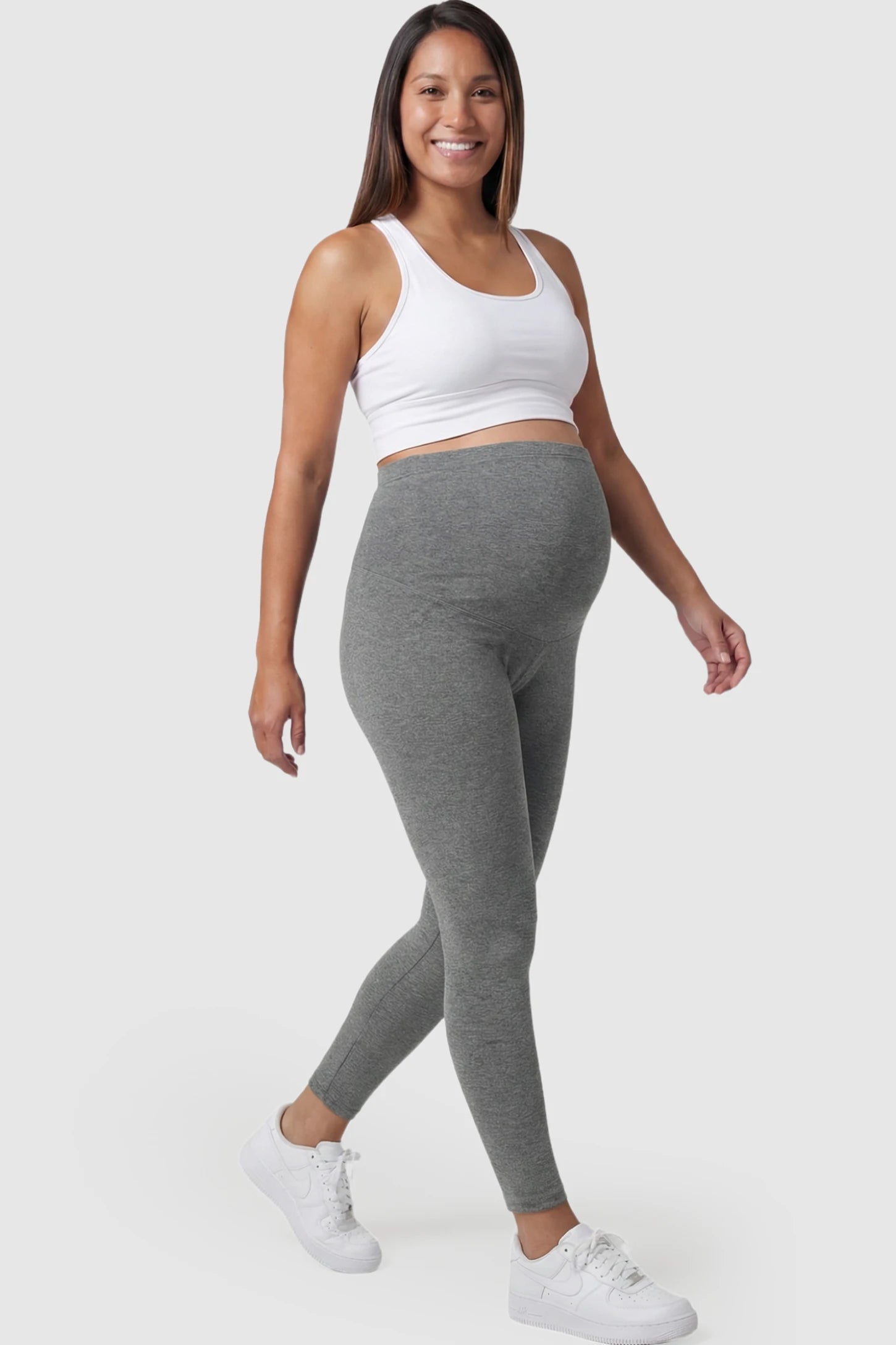 High Waist Belly Support Full Length Maternity Leggings in Gray featuring molding waistband on a pregnant model posing front.