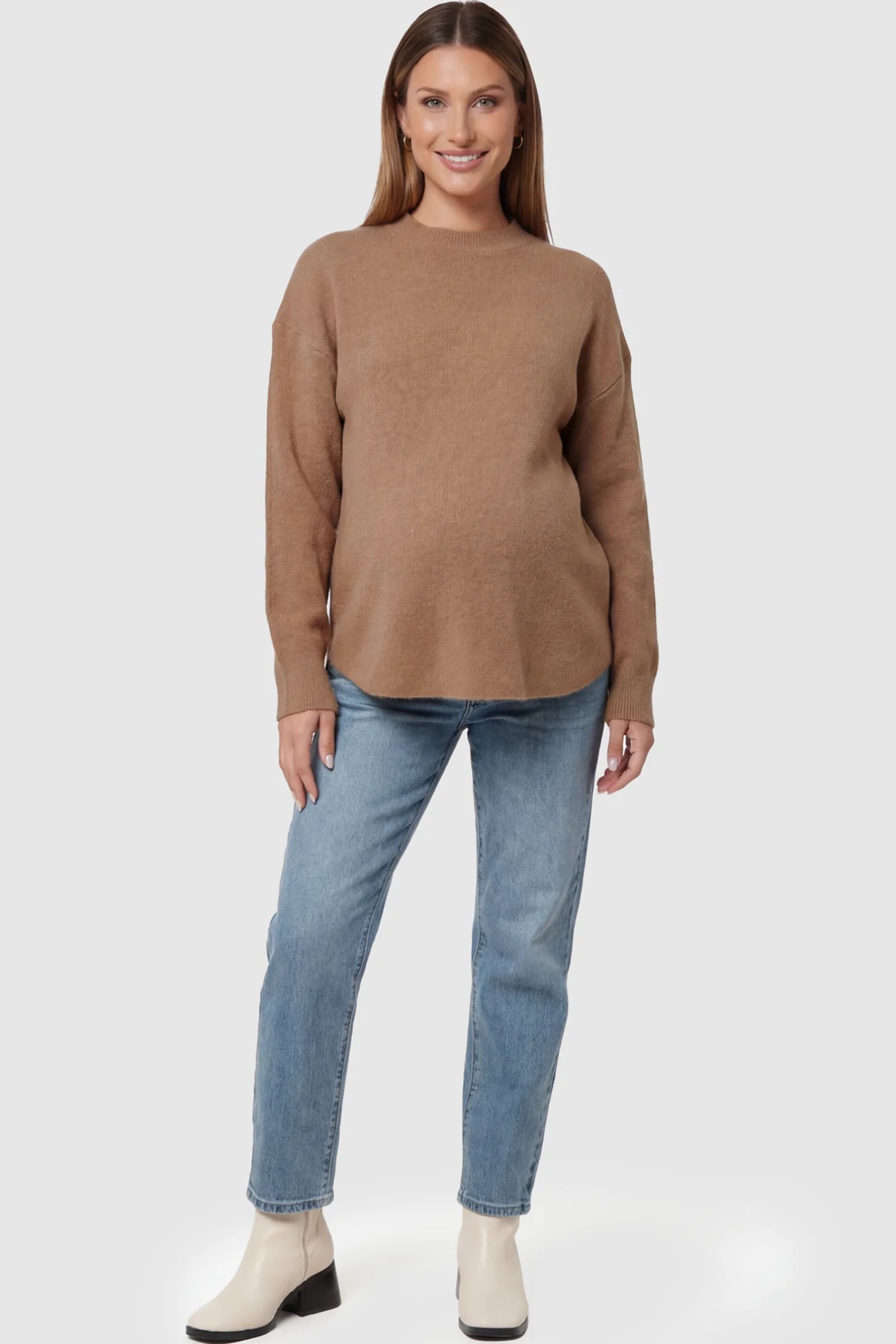 Mock Neck Long Sleeve Maternity Sweater in Coffee thickened woolen fabric on a pregnant model posing front.